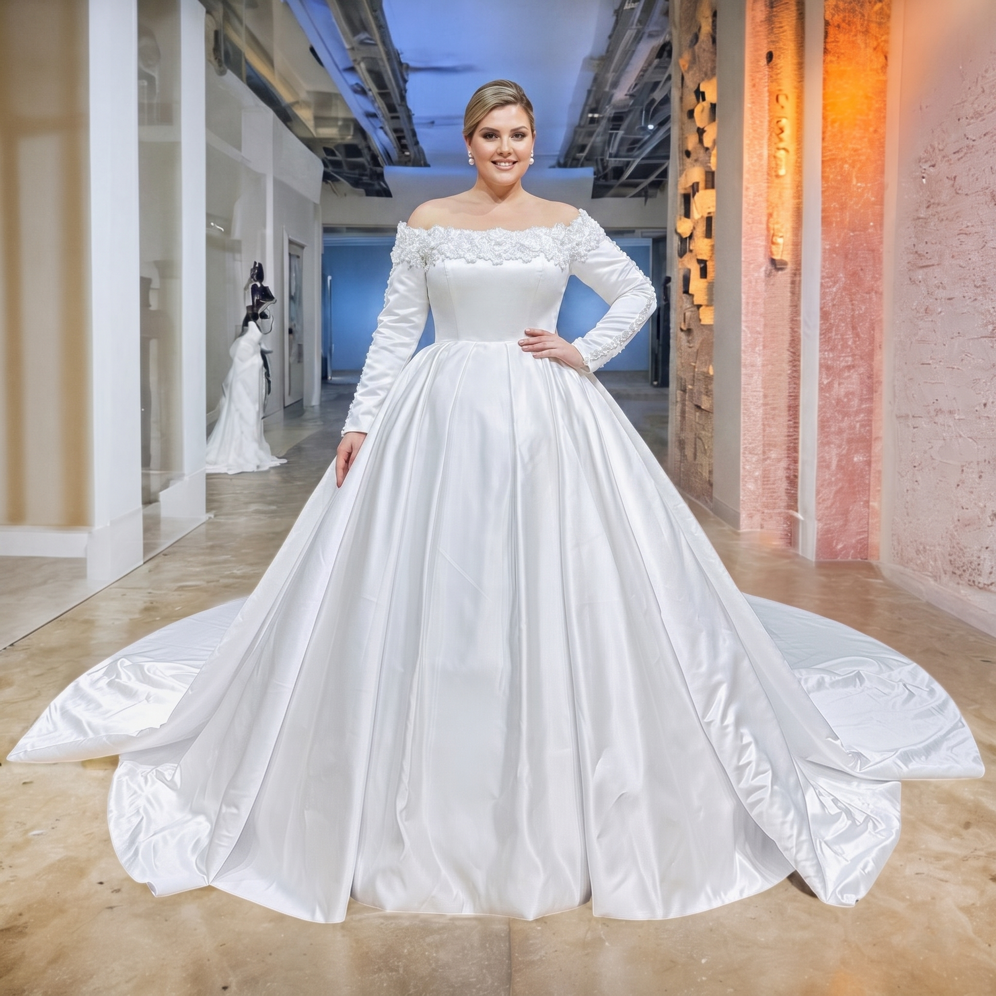 Studio portrait of a plus-size bride modeling a heavy white satin bridal gown featuring dimensional 3D flower appliques along the Bardot neckline.