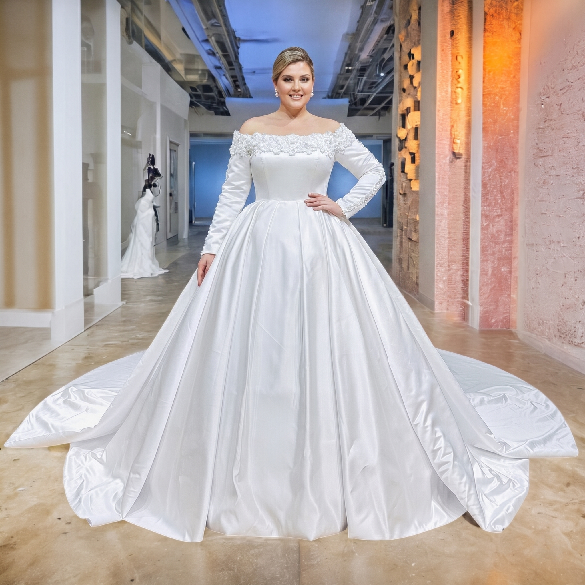 Studio portrait of a plus-size bride modeling a heavy white satin bridal gown featuring dimensional 3D flower appliques along the Bardot neckline.