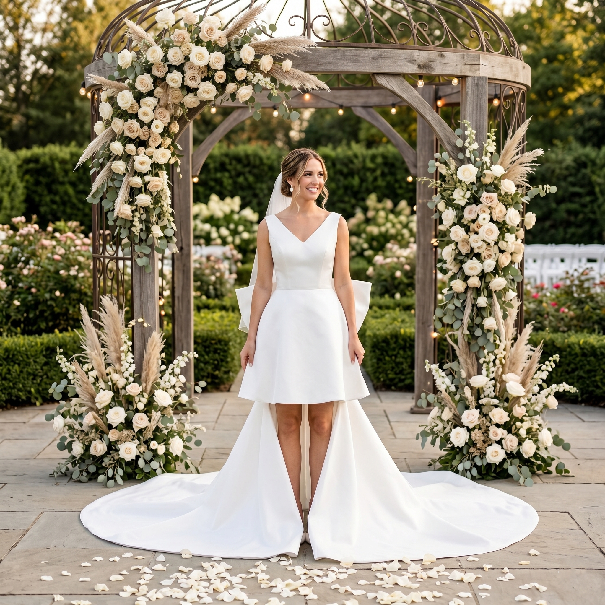 Smiling bride wearing a modern short satin wedding dress with a plunging V-neckline and a dramatic detachable high-low train, standing under a garden gazebo.