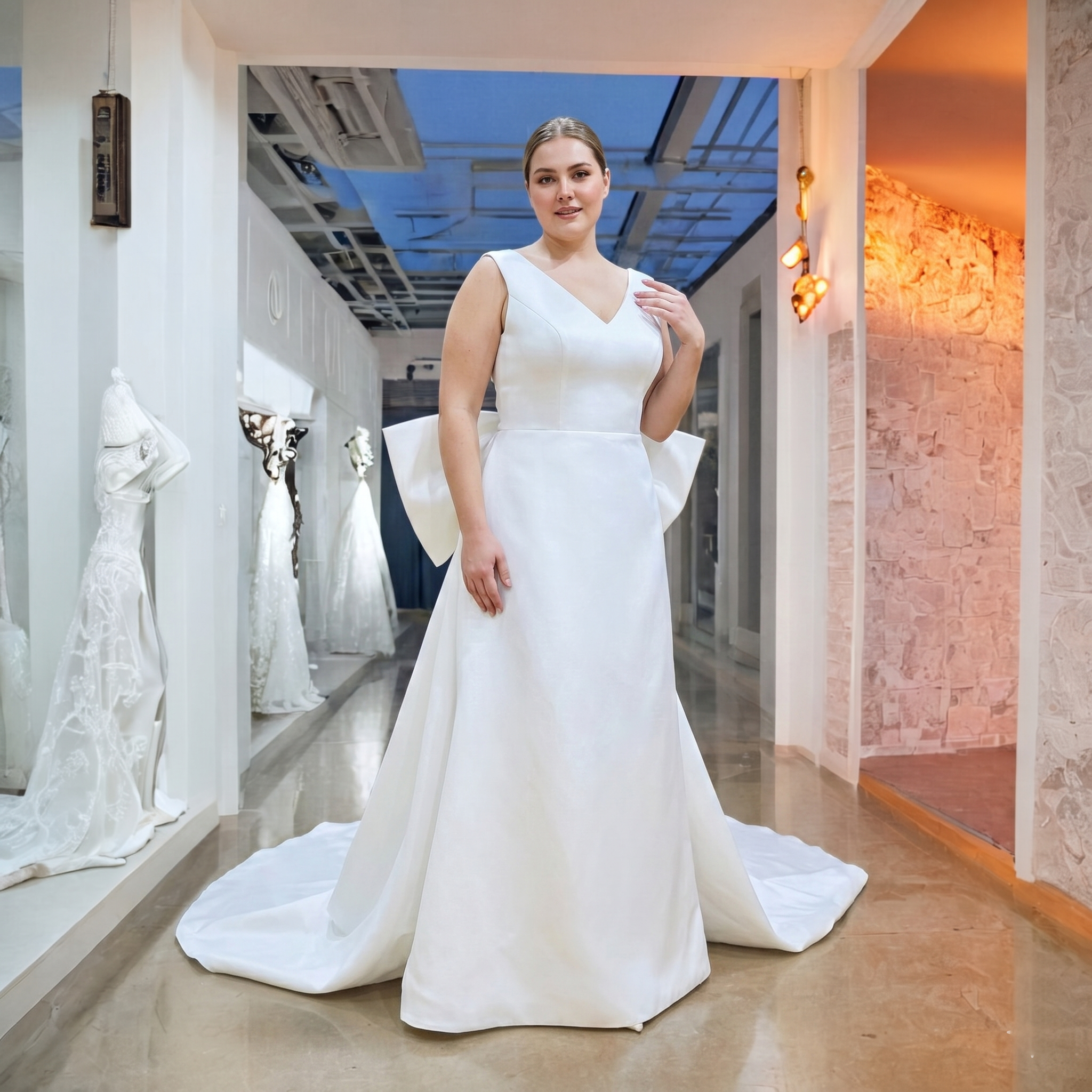 Full-length view of a plus-size model showcasing a chic A-line white satin mini wedding dress with a clean V-neck bodice and an oversized statement bow at the back.