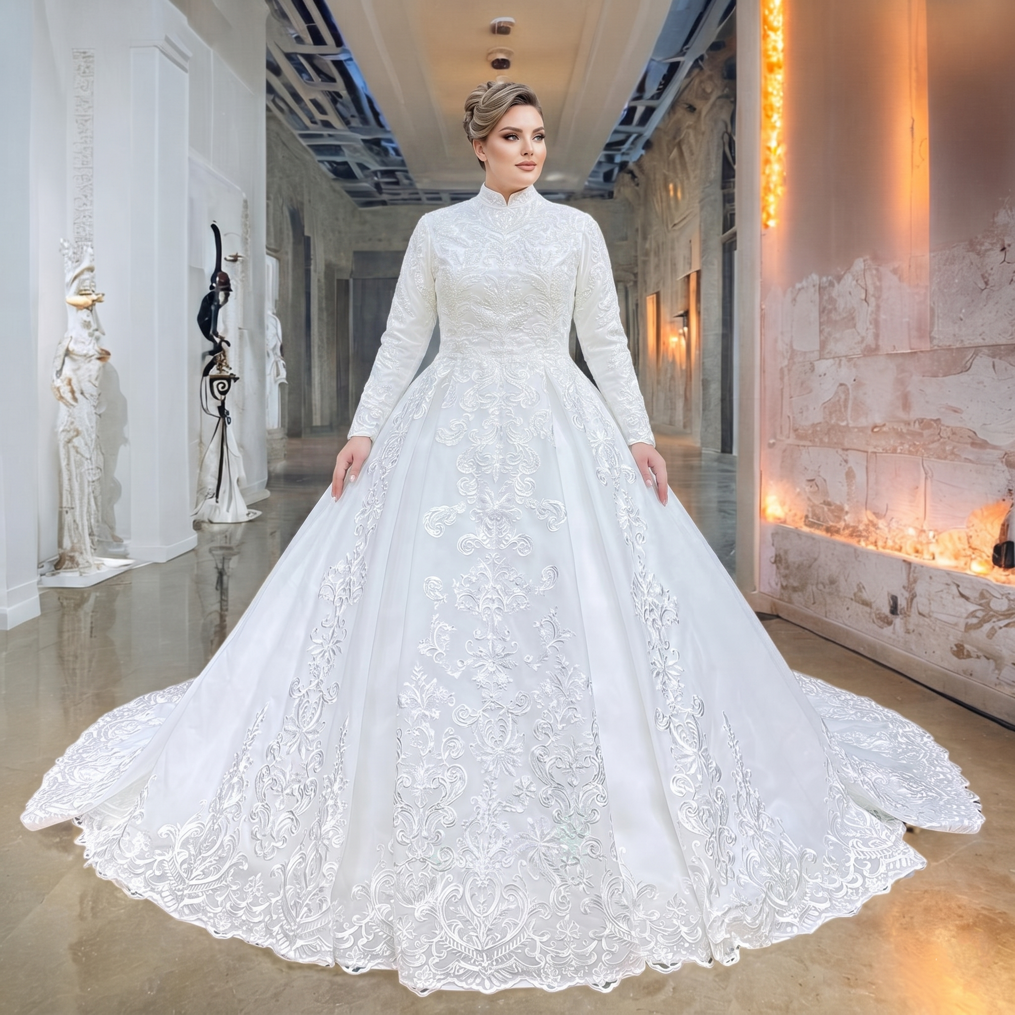 Elegant model wearing a white high-neck long-sleeve ball gown wedding dress with intricate beadwork in a boutique hallway.