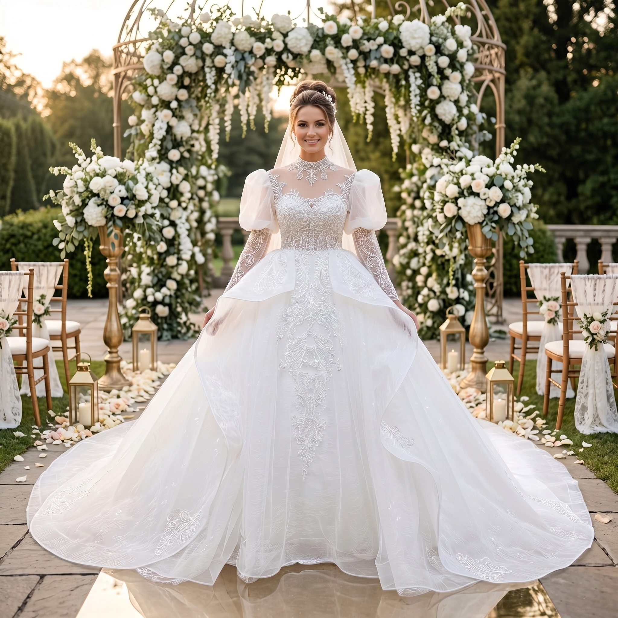 Full-length view of a bride at an outdoor wedding ceremony wearing a luxurious high-neck puff sleeve ball gown featuring intricate beaded lace and a dramatic full skirt.