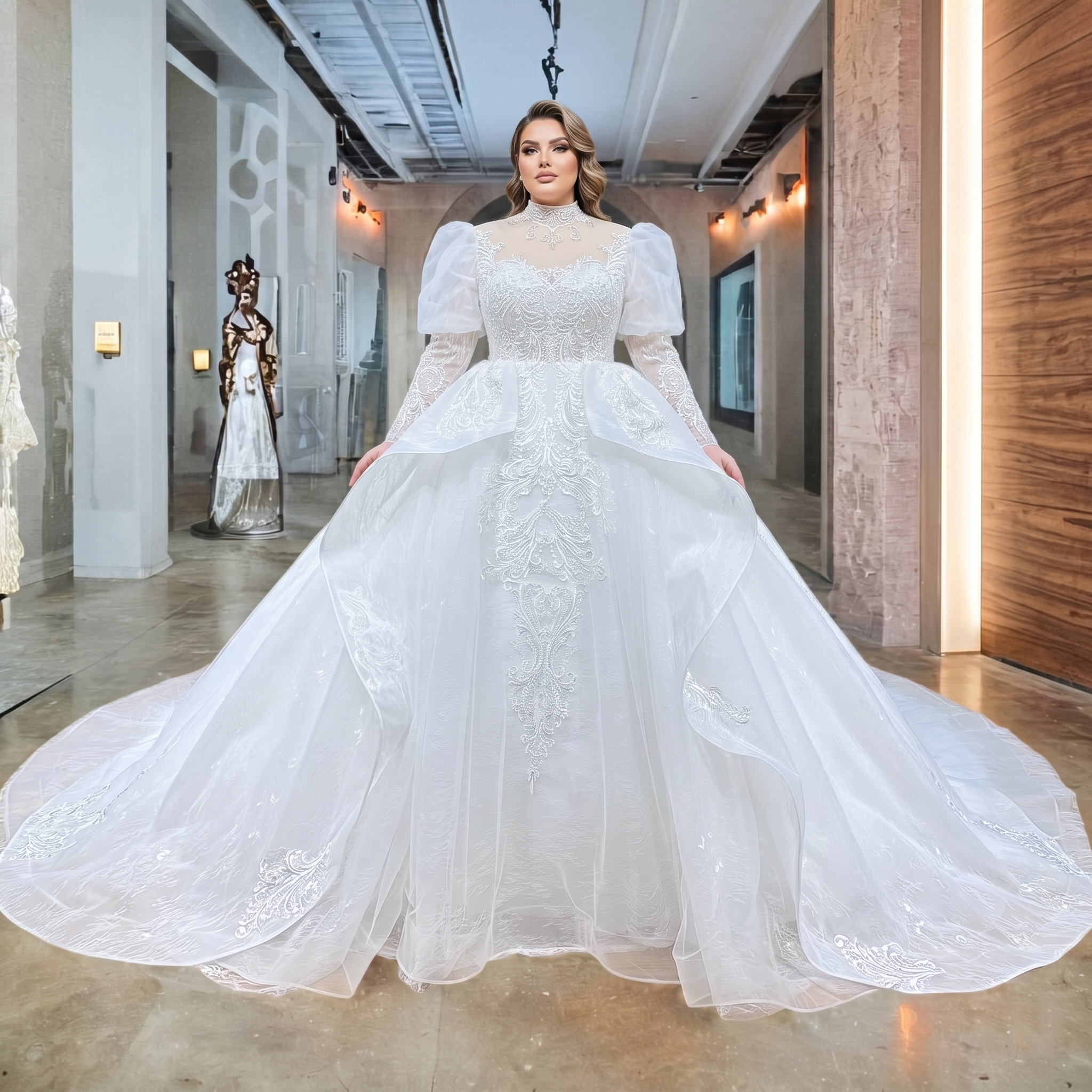 Elegant bride standing indoors modeling a high-neck wedding dress with statement puff sleeves, showcasing the detailed lace embroidery and a grand ball gown silhouette.