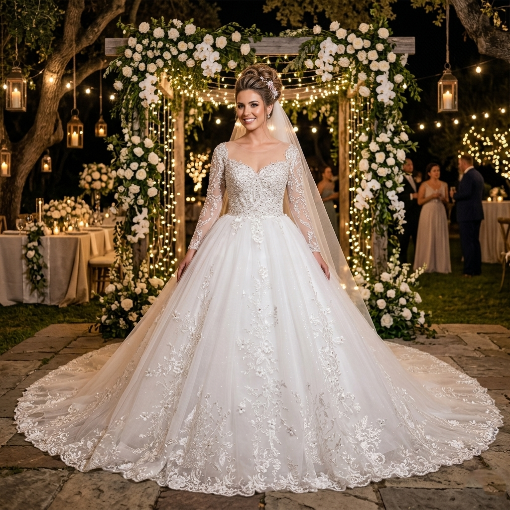 Bride wearing a long-sleeve beaded ball gown wedding dress with a lace train at an elegant outdoor evening ceremony.