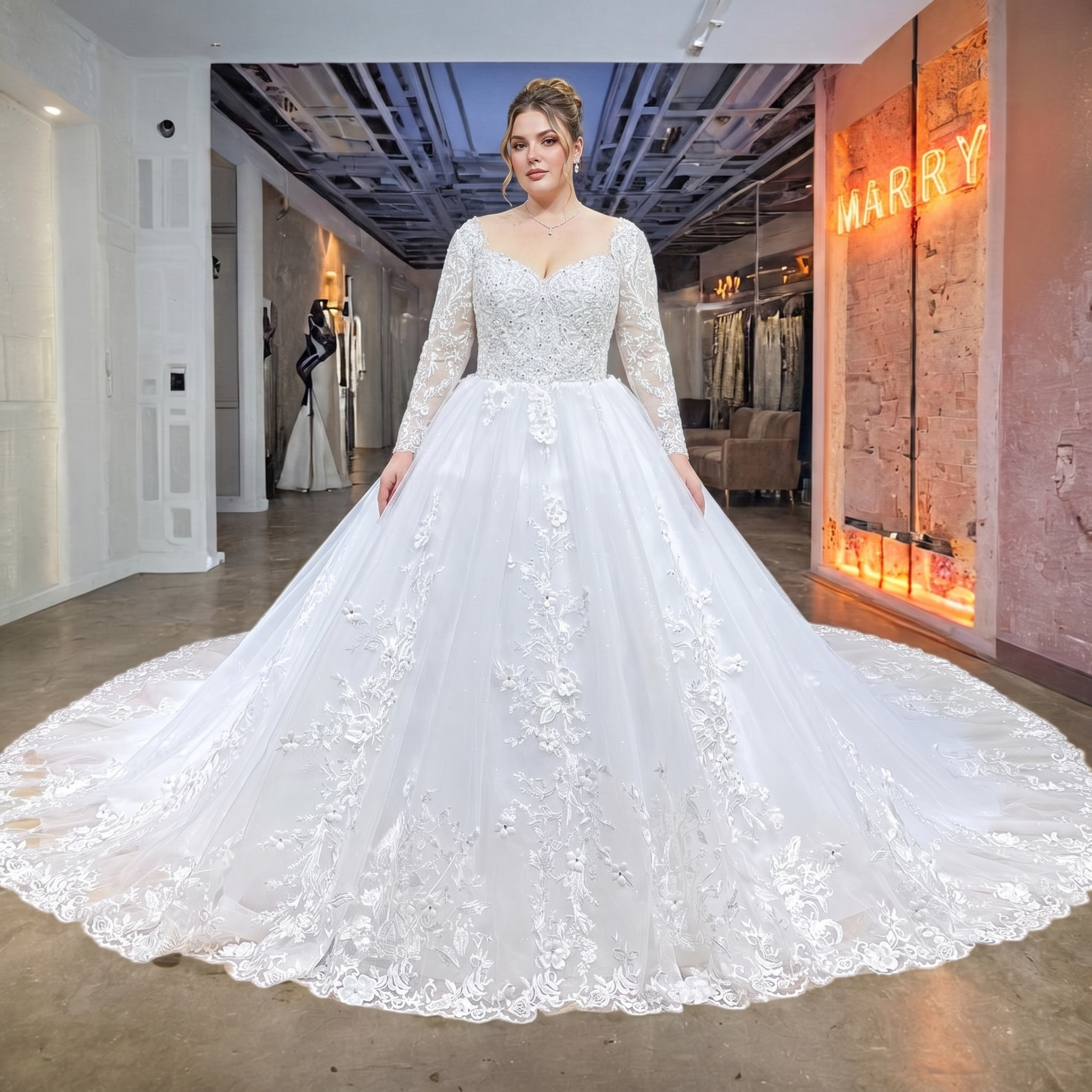Full-length view of a model wearing a long-sleeve beaded ball gown wedding dress with intricate floral lace details and a full skirt.