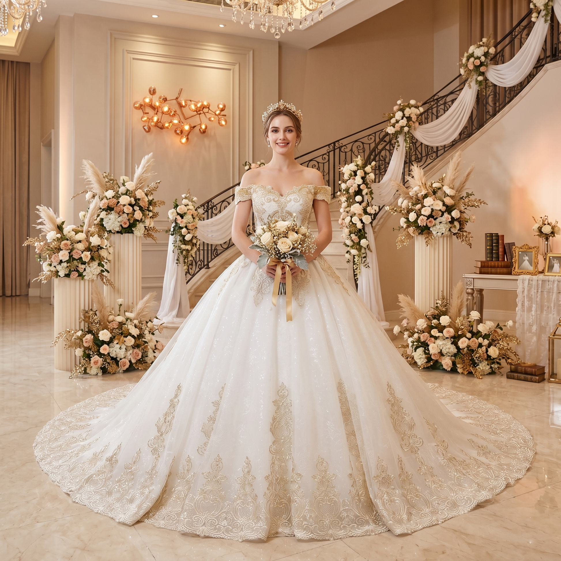 Bride posing in a luxury white and gold off-shoulder ball gown wedding dress with beaded lace at a grand indoor ceremony venue.