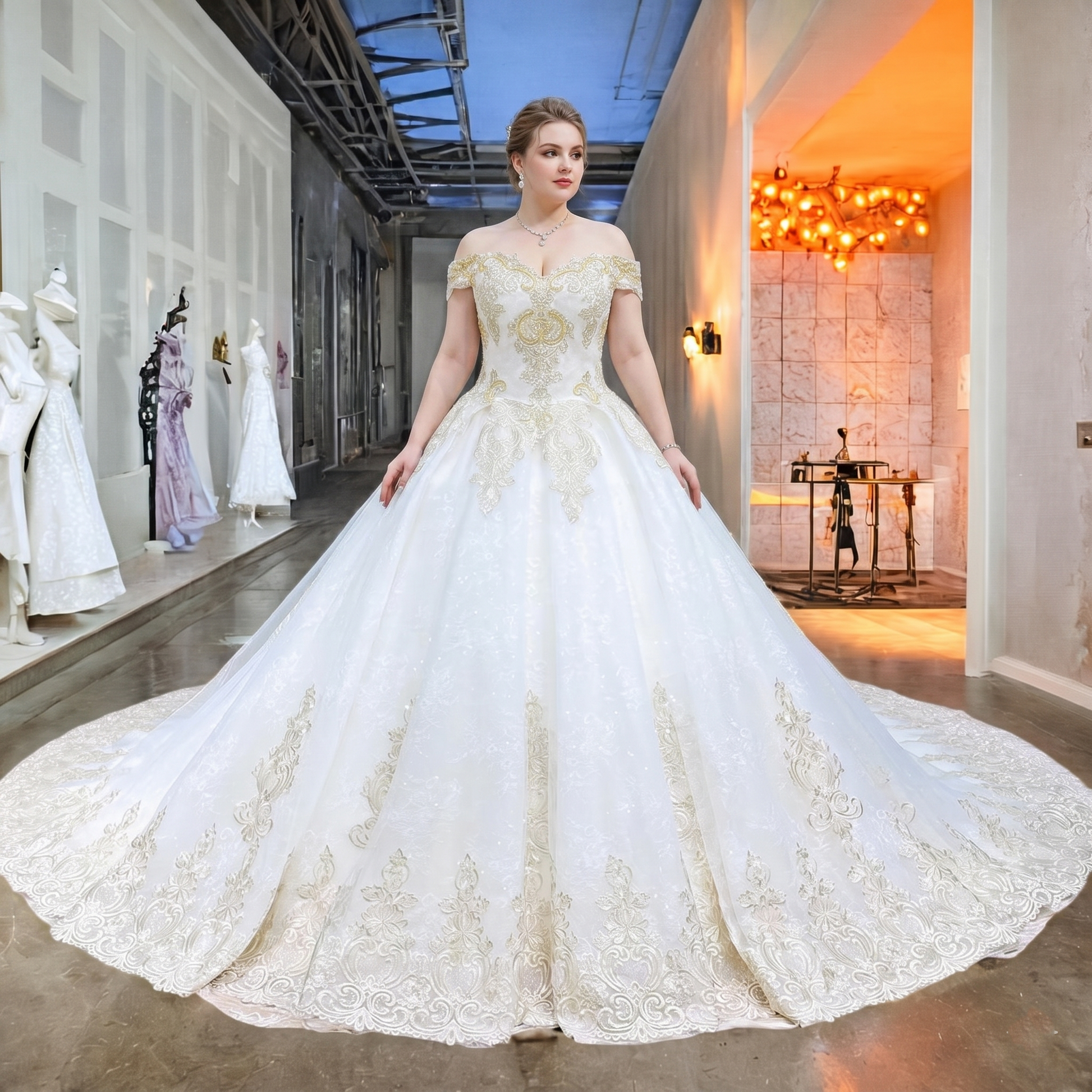 Full-length shot of a model wearing an elegant off-shoulder sweetheart neck bridal ball gown with gold sequin and lace embroidery.