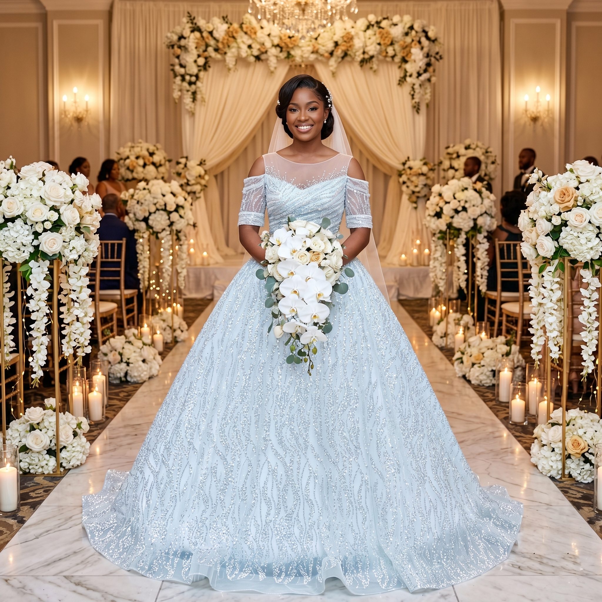 Bride wearing a sparkling beaded ball gown wedding dress with pearls and sequins at a luxury indoor ceremony.