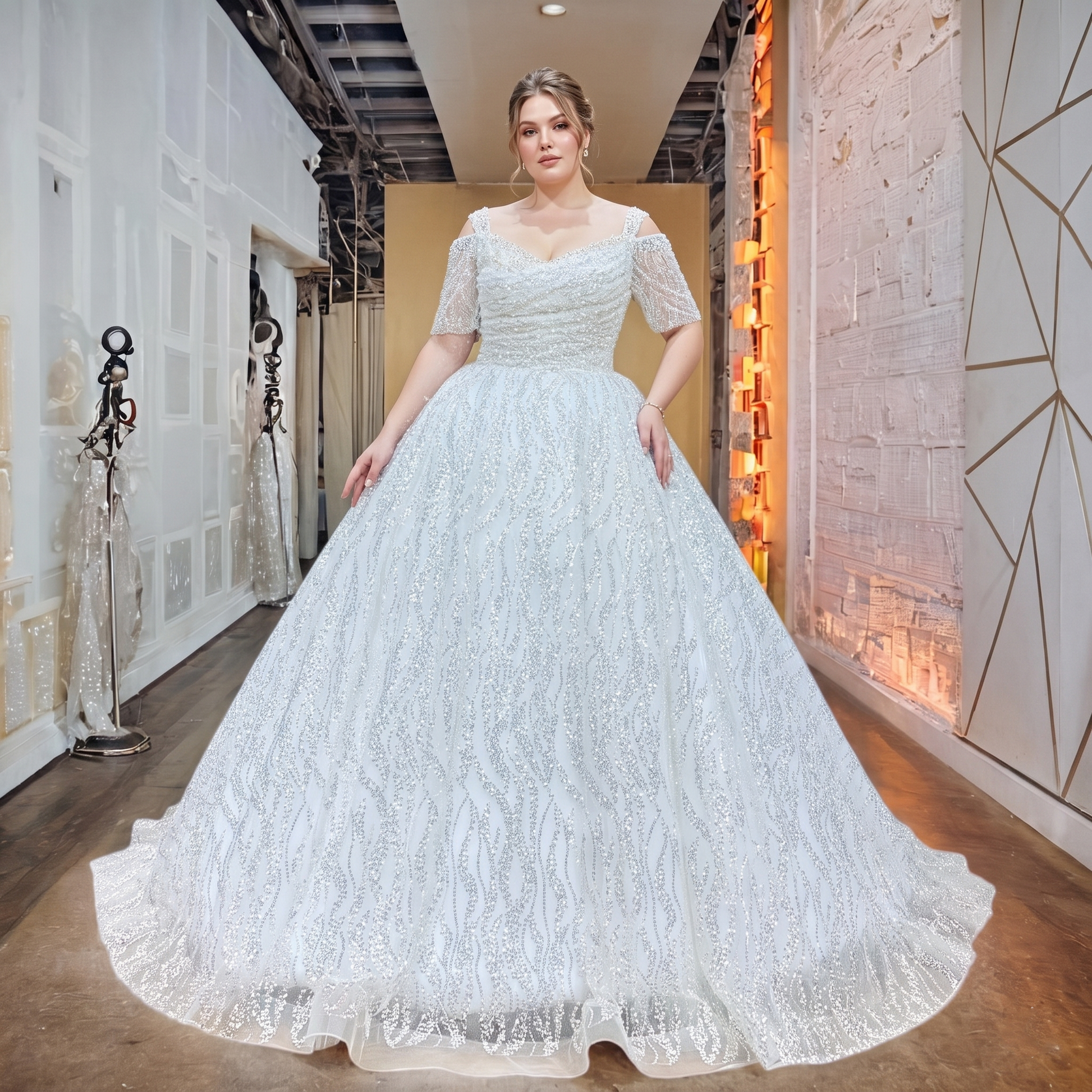 Full-length shot of a model in a short-sleeve beaded ball gown wedding dress featuring a sequined high-neck design.