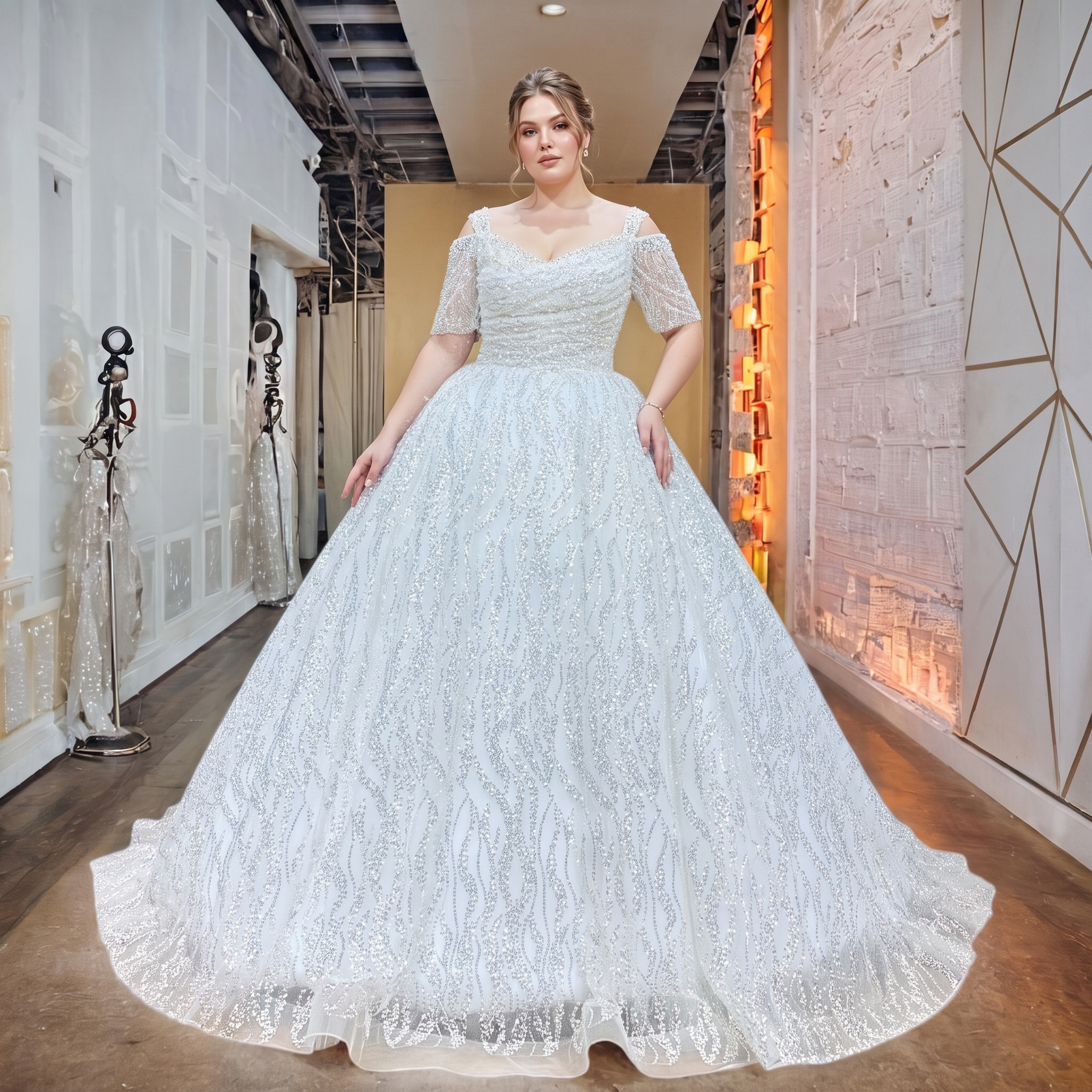Full-length shot of a model in a short-sleeve beaded ball gown wedding dress featuring a sequined high-neck design.