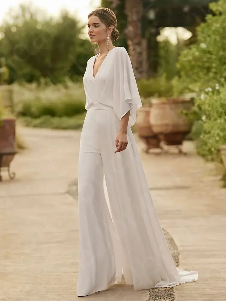 Holy White Wedding Pantsuit with V Neckline 3/4 Sleeves and Back Out – Elsi John