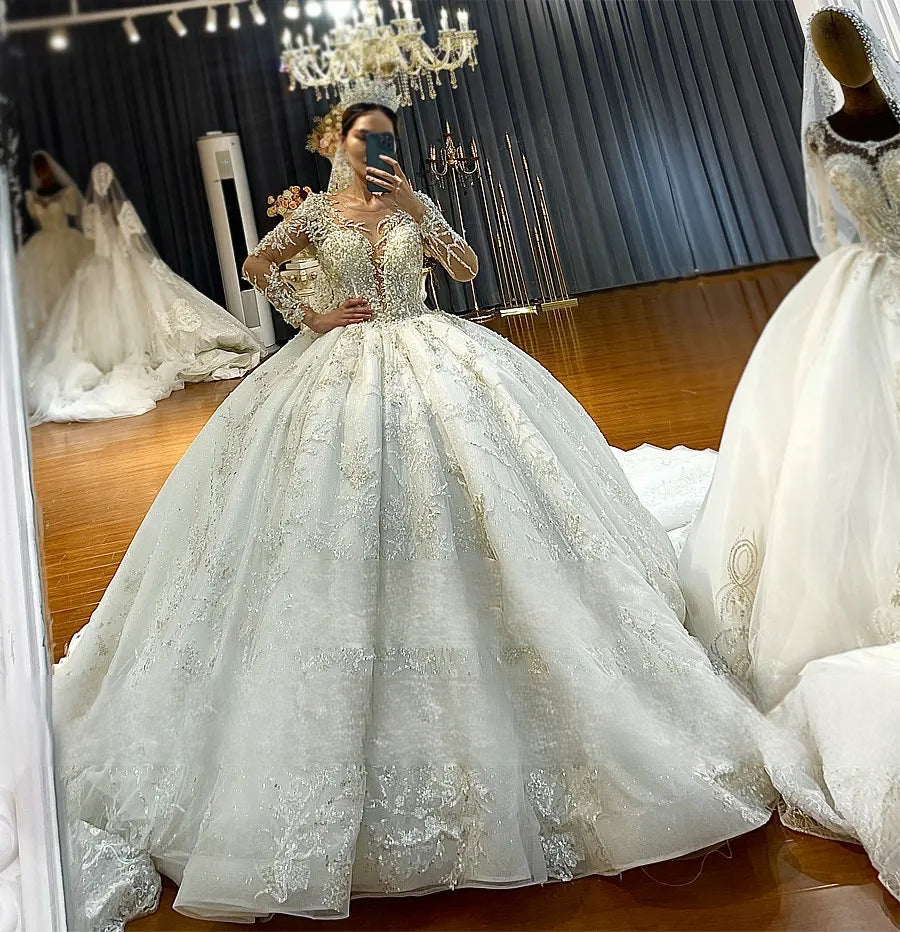 Hot Sale Luxury Princess Ball Gown Wedding Dress with Elegant Long Sleeves