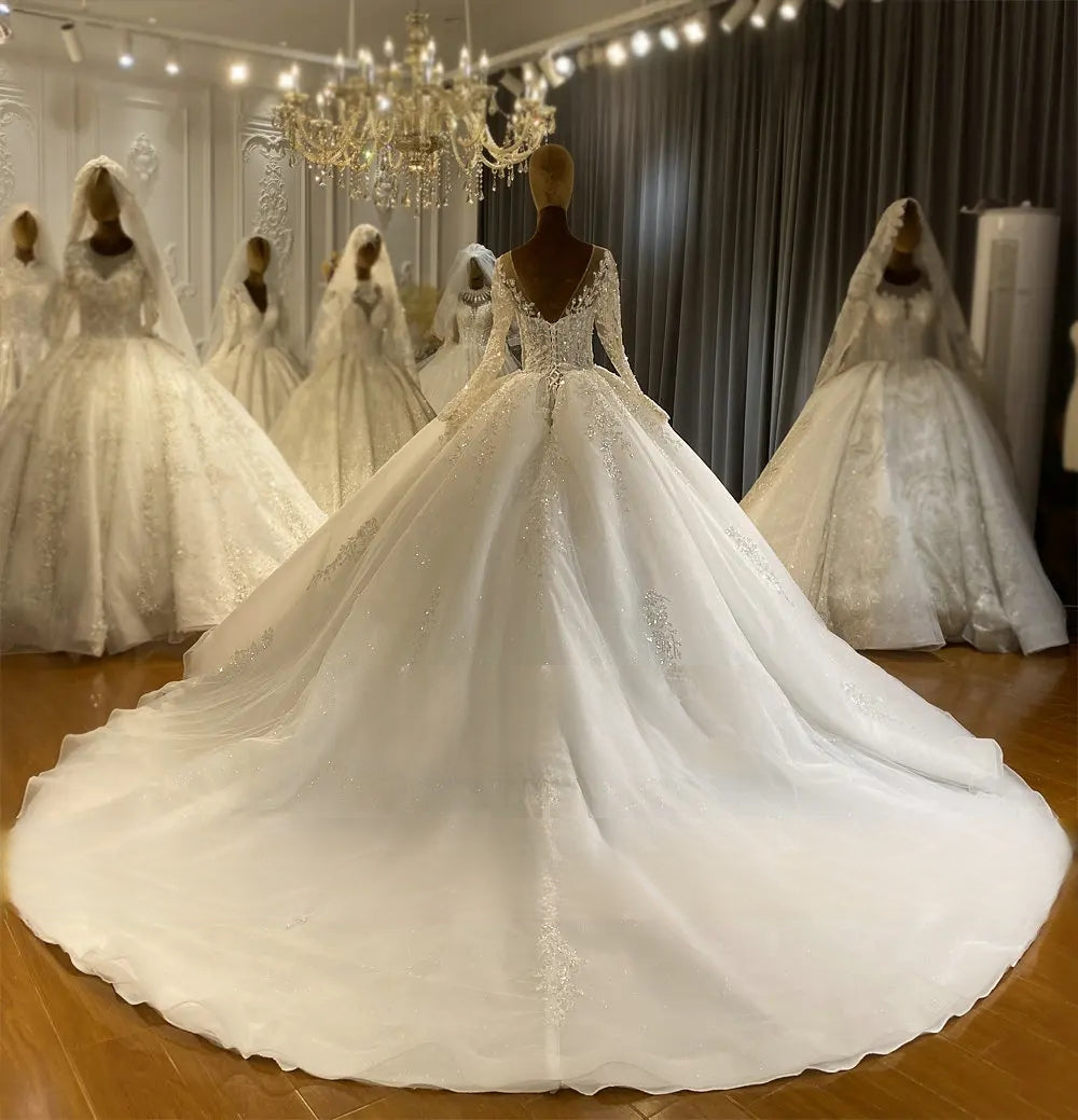 Full rear view of a real sample ball gown bridal dress displayed on a mannequin, emphasizing the sheer illusion V-back, lace-up corset closure, and magnificent cathedral train.
