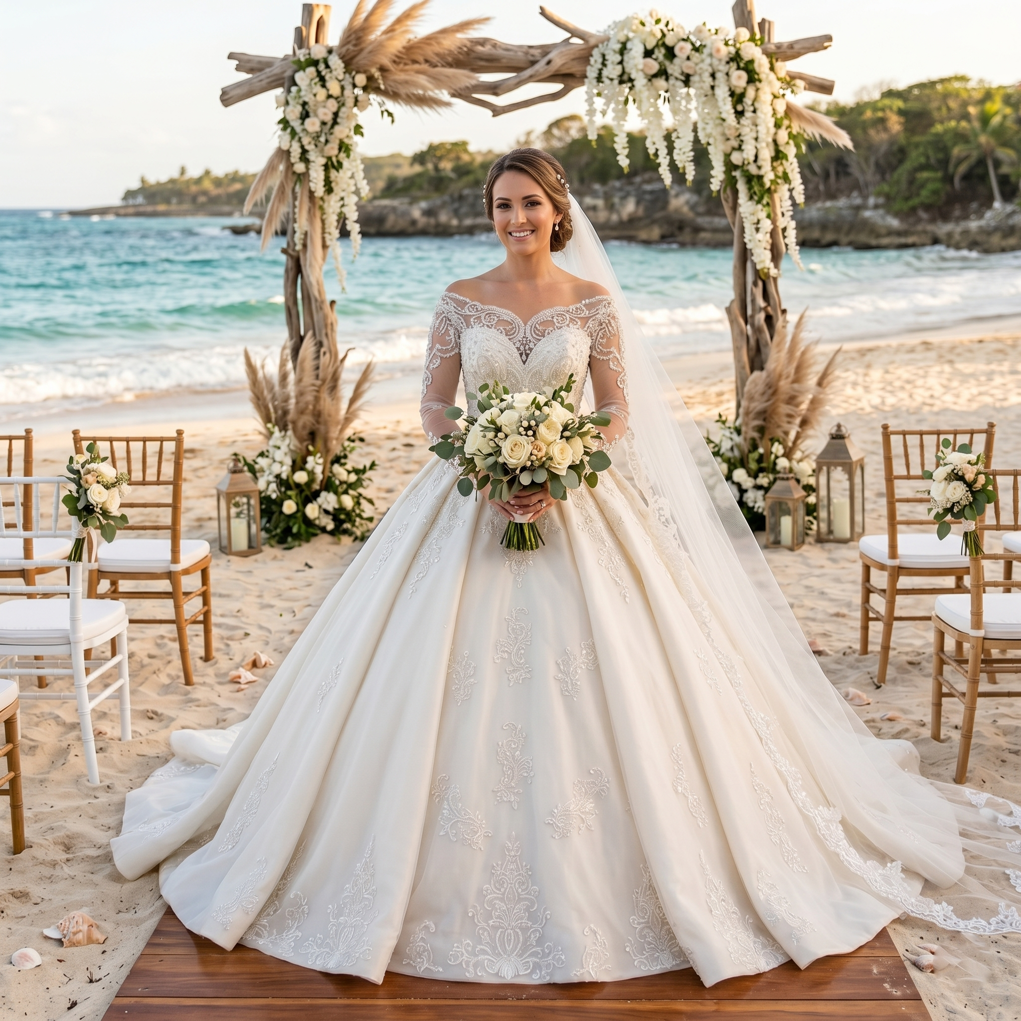 A beautiful bride on a beach wearing a hot sale long-sleeved wedding dress with elegant lace detailing and a flowing skirt, standing under a floral archway.