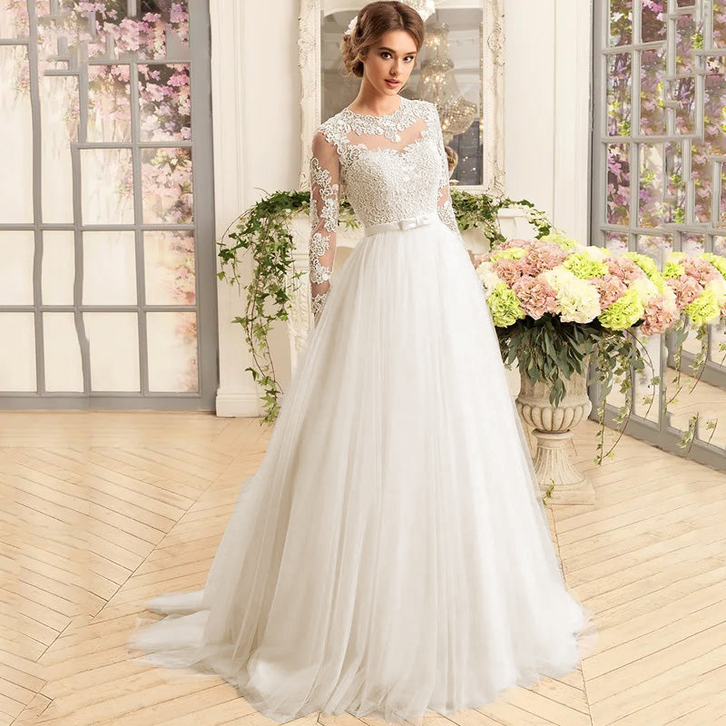 Close-up portrait of a bride wearing an O-neck luxury A-line wedding dress, focusing on the fine lace detailing and bridal makeup.
