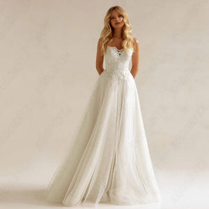 Strapless Lace A-Line Wedding Dress Shining Tulle Boho Lace Up Backless Bridal Dress