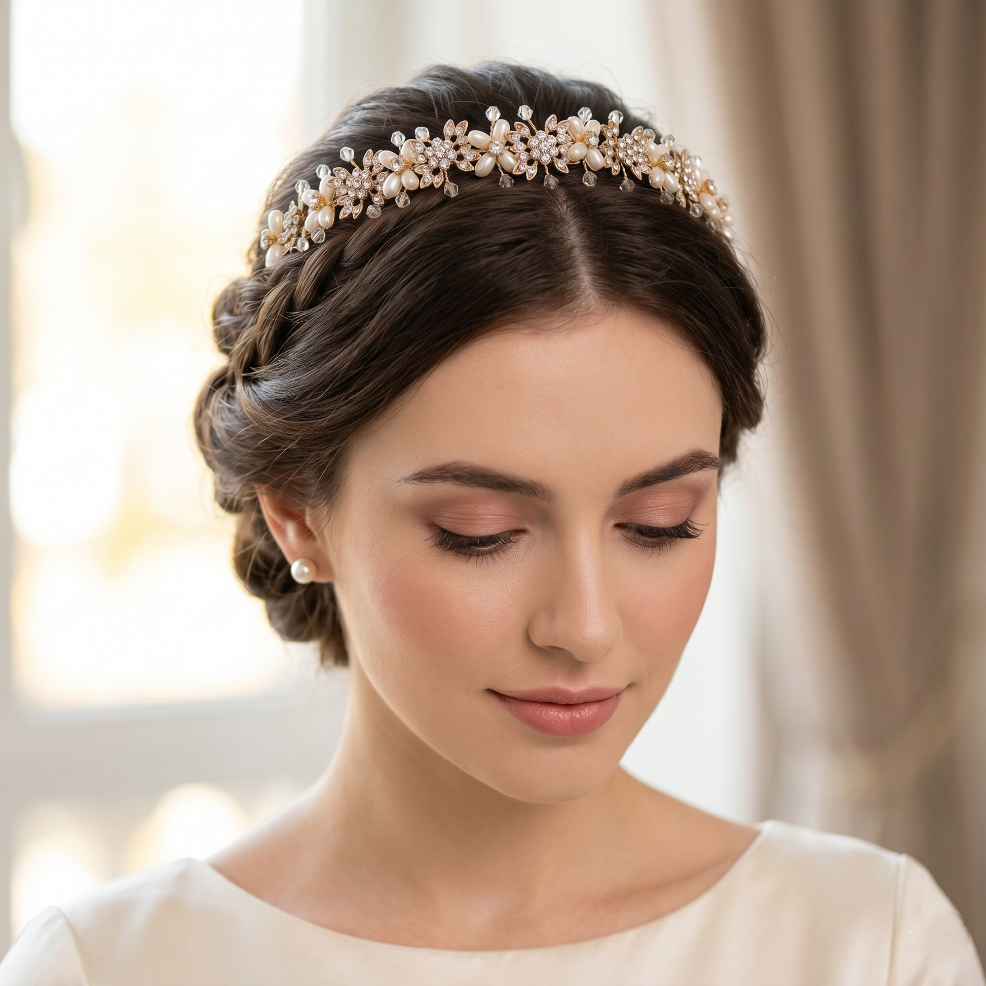 A bride wearing a delicate handmade Korean-style pearl flower bridal hairband and wedding tiara.