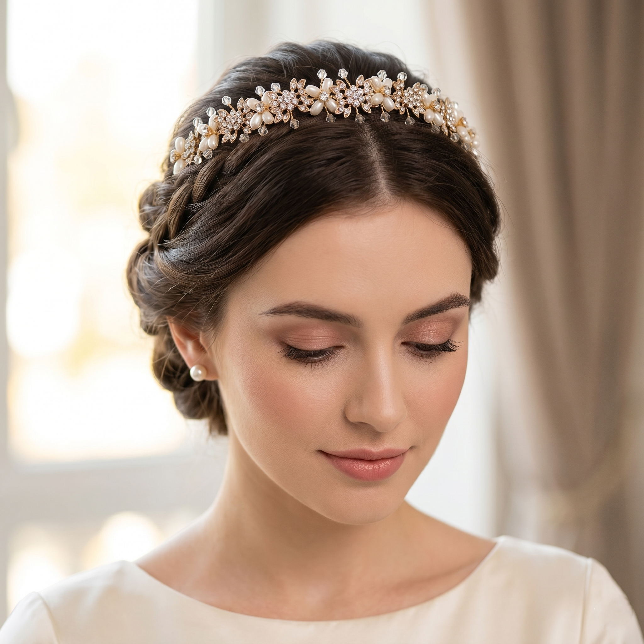 A bride wearing a delicate handmade Korean-style pearl flower bridal hairband and wedding tiara.