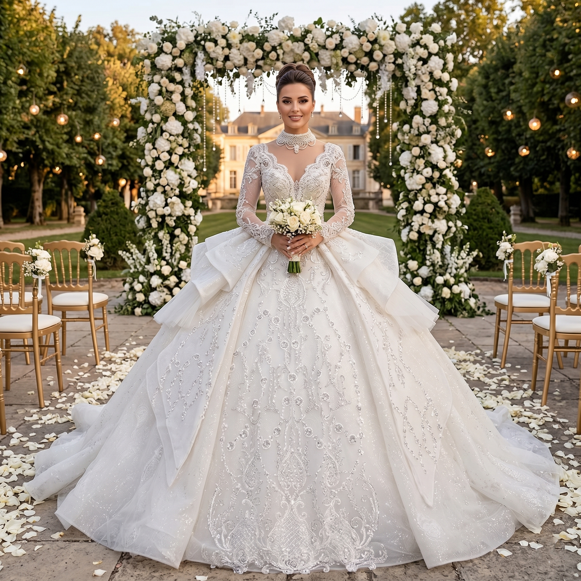 Bride wearing a luxury long sleeve lace ball gown wedding dress with a beaded illusion O-neckline and full princess skirt at an outdoor ceremony setting.