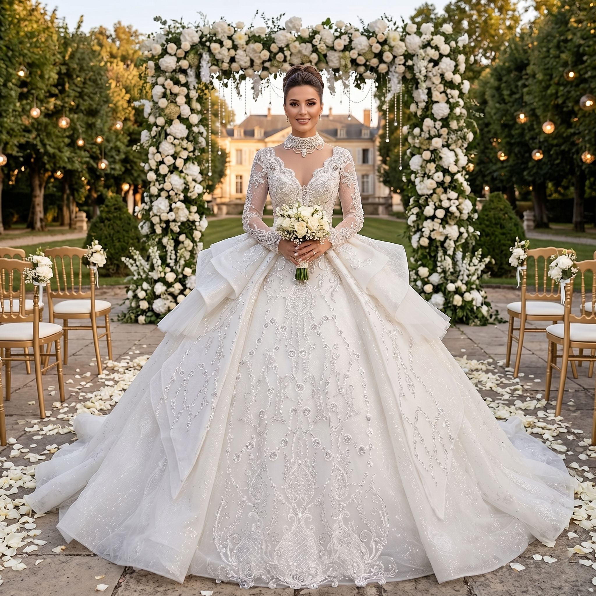 Bride wearing a luxury long sleeve lace ball gown wedding dress with a beaded illusion O-neckline and full princess skirt at an outdoor ceremony setting.