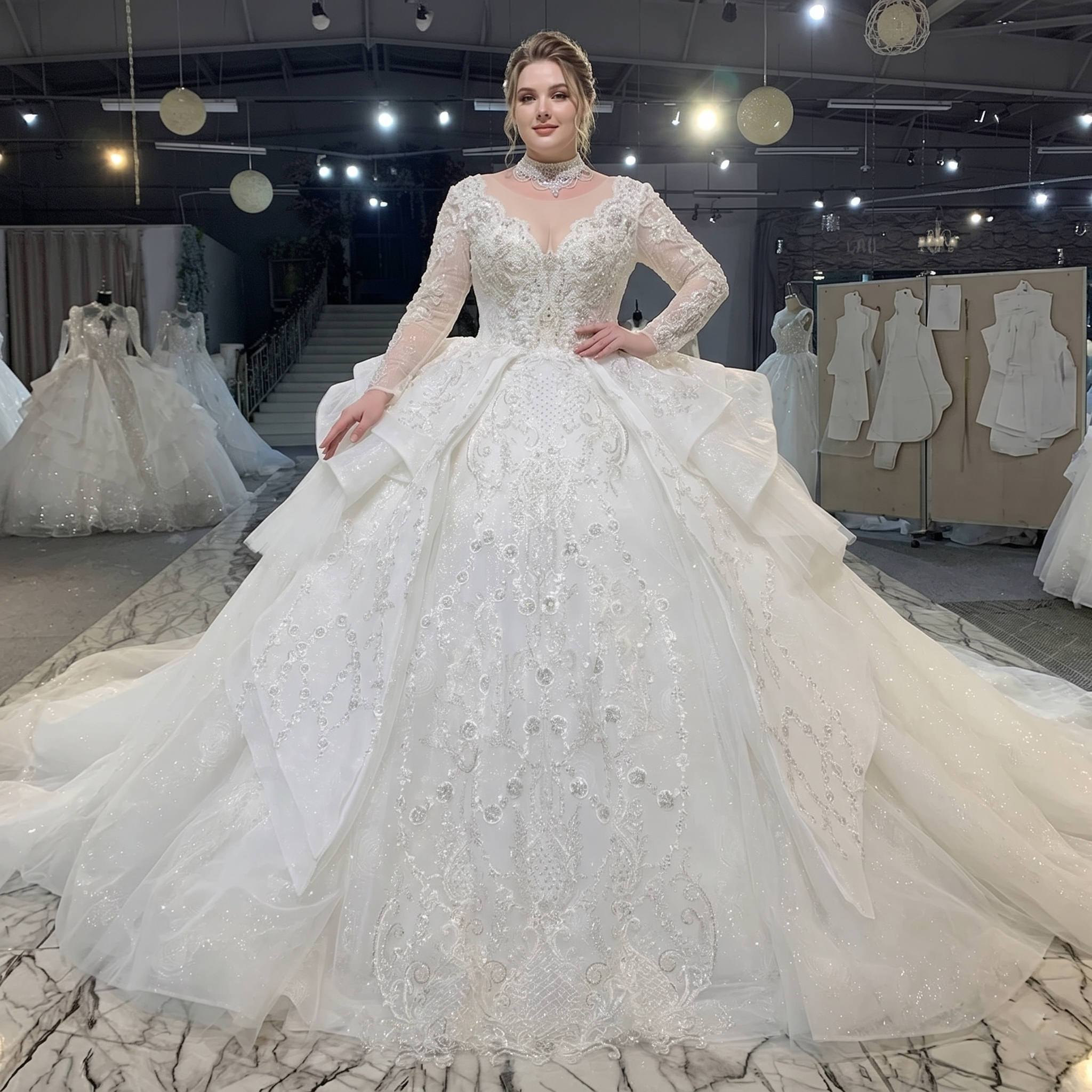 Model showcasing a regal long sleeve lace bridal gown featuring intricate silver crystal beadwork, a structured corset bodice, and a voluminous tulle skirt.