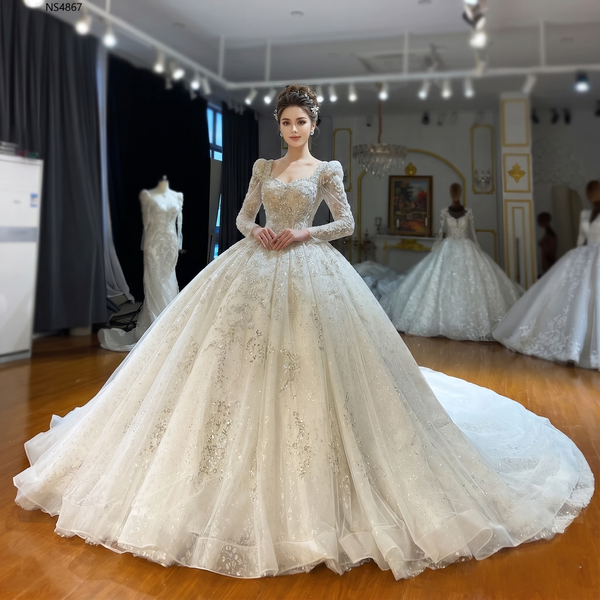 Full-length front view of an elegant model wearing an exquisite ball gown wedding dress featuring full sleeves, a structured square neckline, and heavy silver lace embroidery.