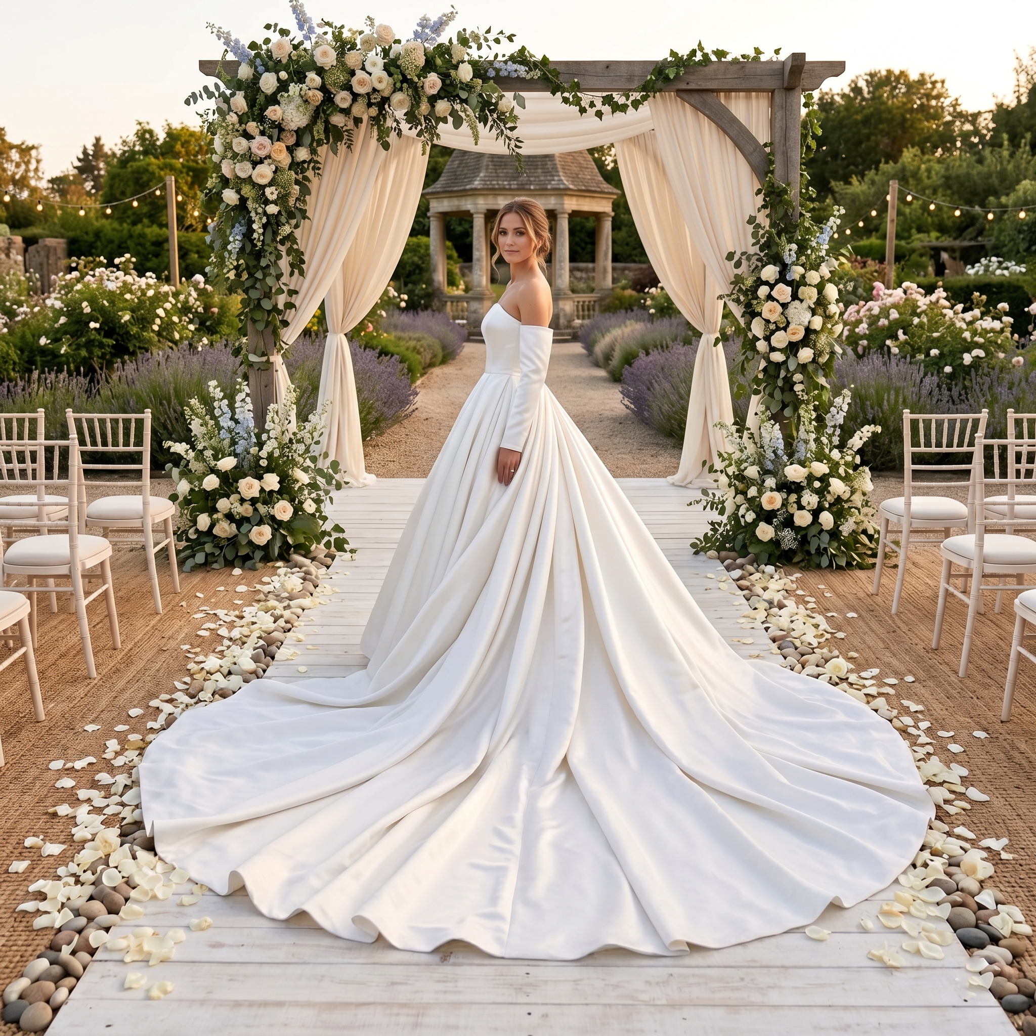 Beautiful bride standing outdoors at a floral archway looking over her shoulder, wearing a light effect high quality satin ball gown wedding dress featuring off-the-shoulder long sleeves and a sweeping, luminous train.