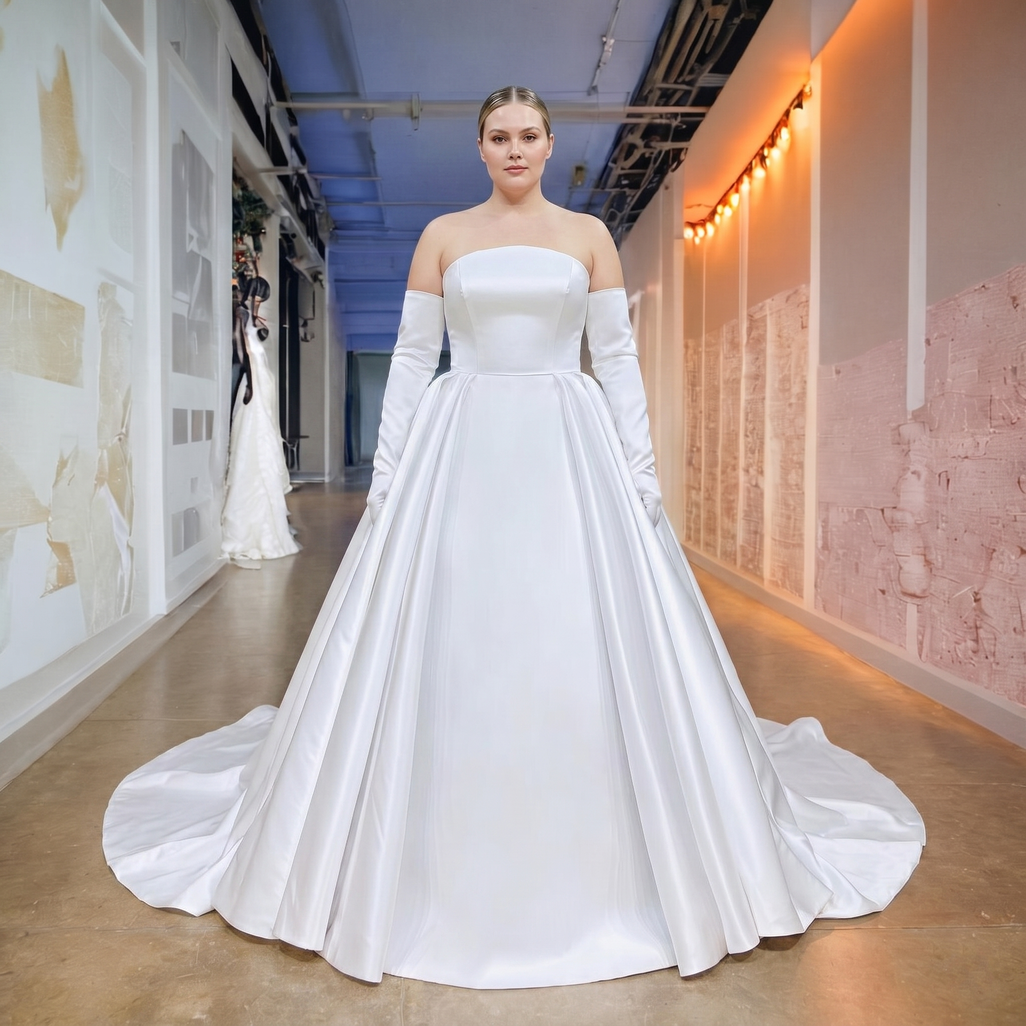 Plus-size bridal model in a modern indoor venue showcasing a minimalist high quality satin ball gown wedding dress with a chic straight neckline and detached fashion gelinlik long sleeves.