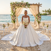 Light Effect Satin Ball Gown with Big Bow Chapel Train Pearls and Pleated Top