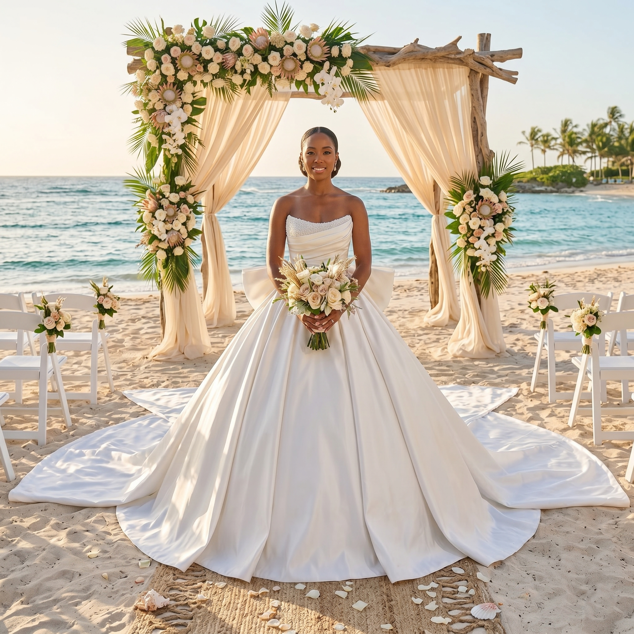 Light Effect Satin Ball Gown with Big Bow Chapel Train Pearls and Pleated Top