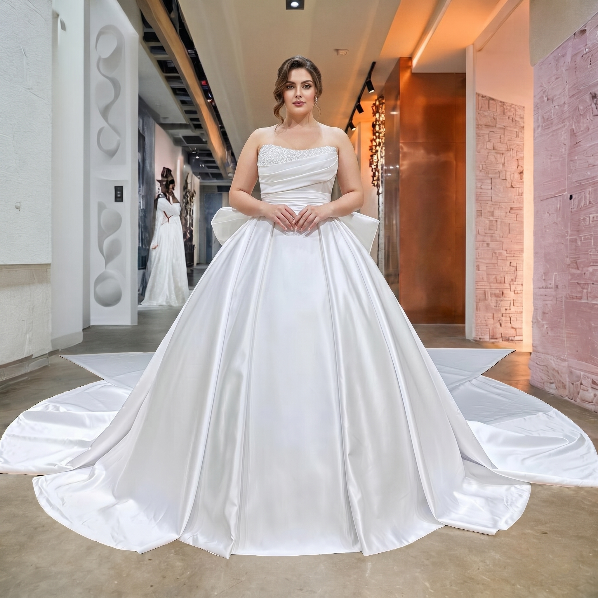 Light Effect Satin Ball Gown with Big Bow Chapel Train Pearls and Pleated Top
