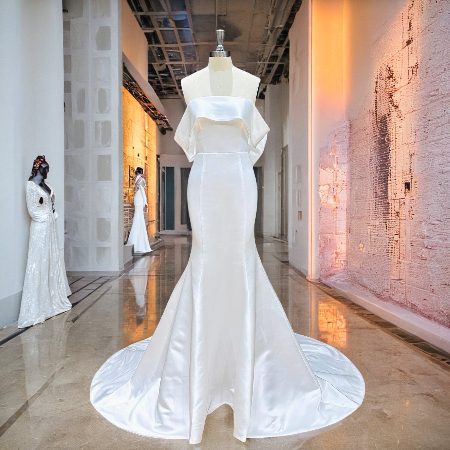 Front portrait of the tailored white satin mermaid wedding dress on a mannequin, displayed inside a luxurious boutique showroom corridor.
