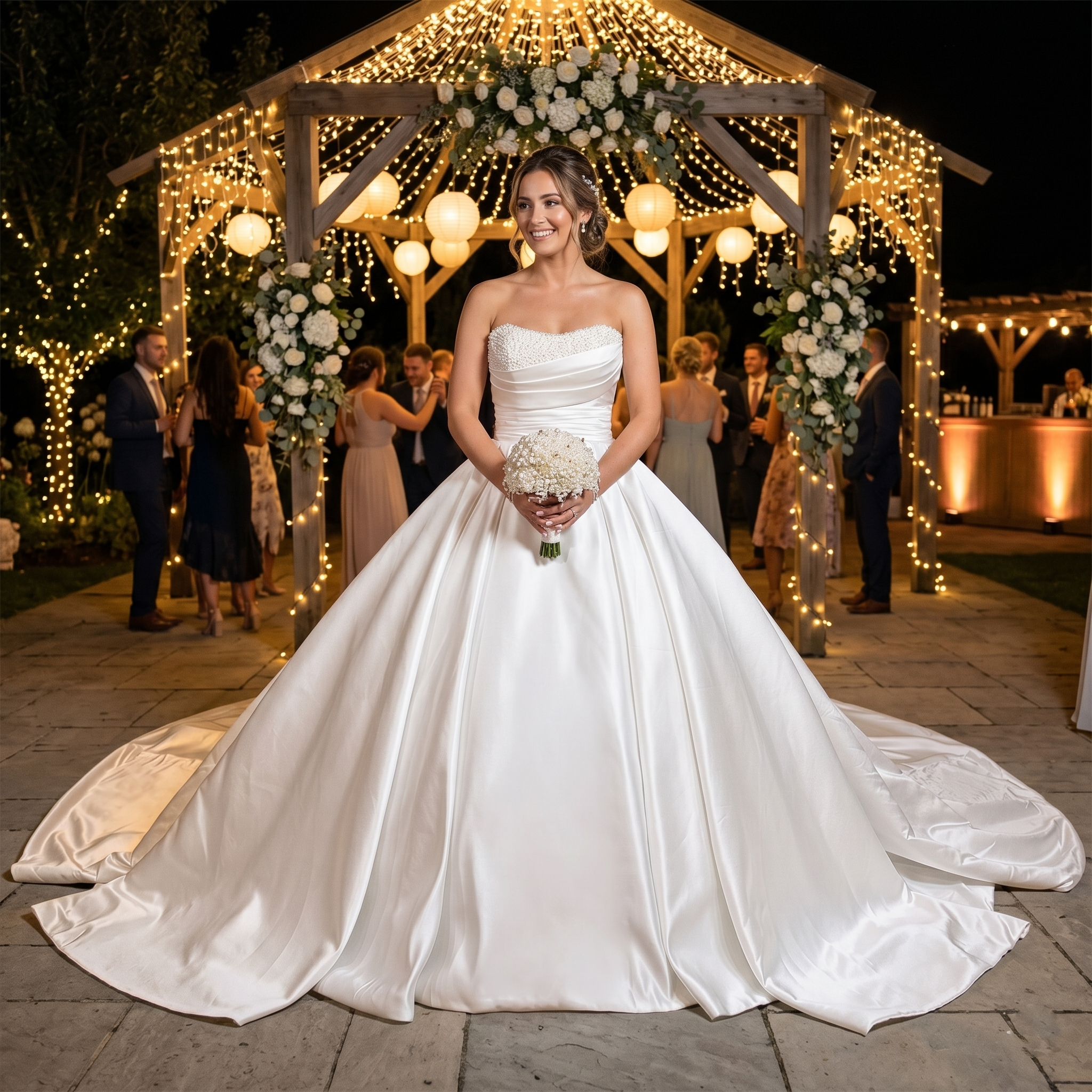 Smiling bride wearing a luxury light effect satin off-shoulder wedding dress with a pleated portrait neckline bodice, standing under a white rose arch during a beach ceremony.