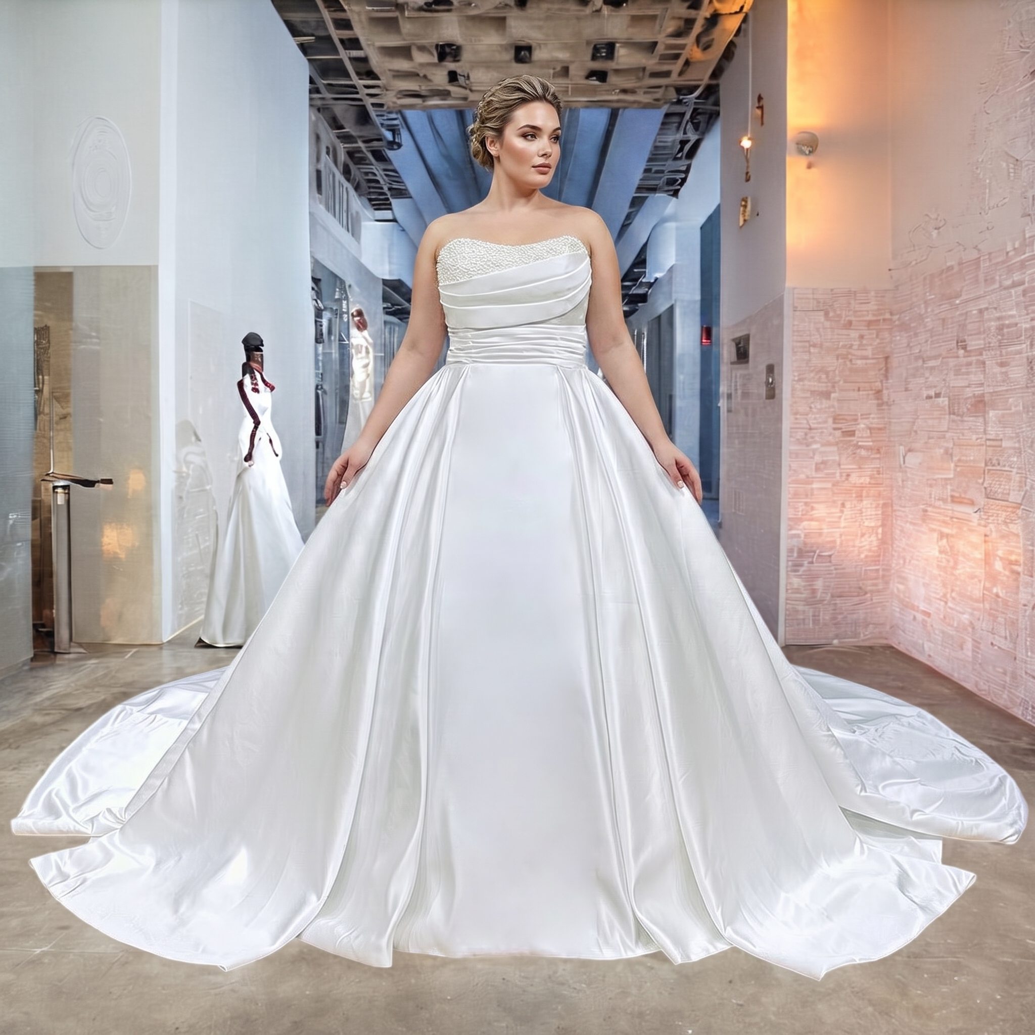 Full-length view of a plus-size bride modeling a heavy white satin bridal ball gown featuring structured box pleats on a voluminous skirt with a majestic cathedral train.