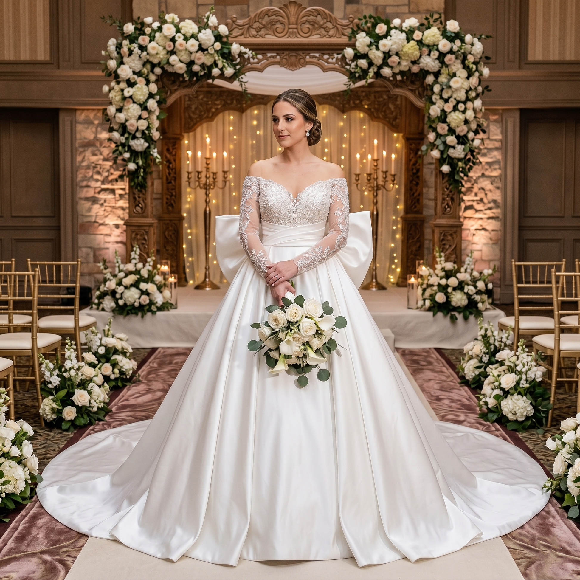 Elegant bride standing at an indoor floral altar holding a bouquet, wearing a light effect satin wedding dress featuring off-the-shoulder long lace sleeves and a detachable big bow visible from the front.