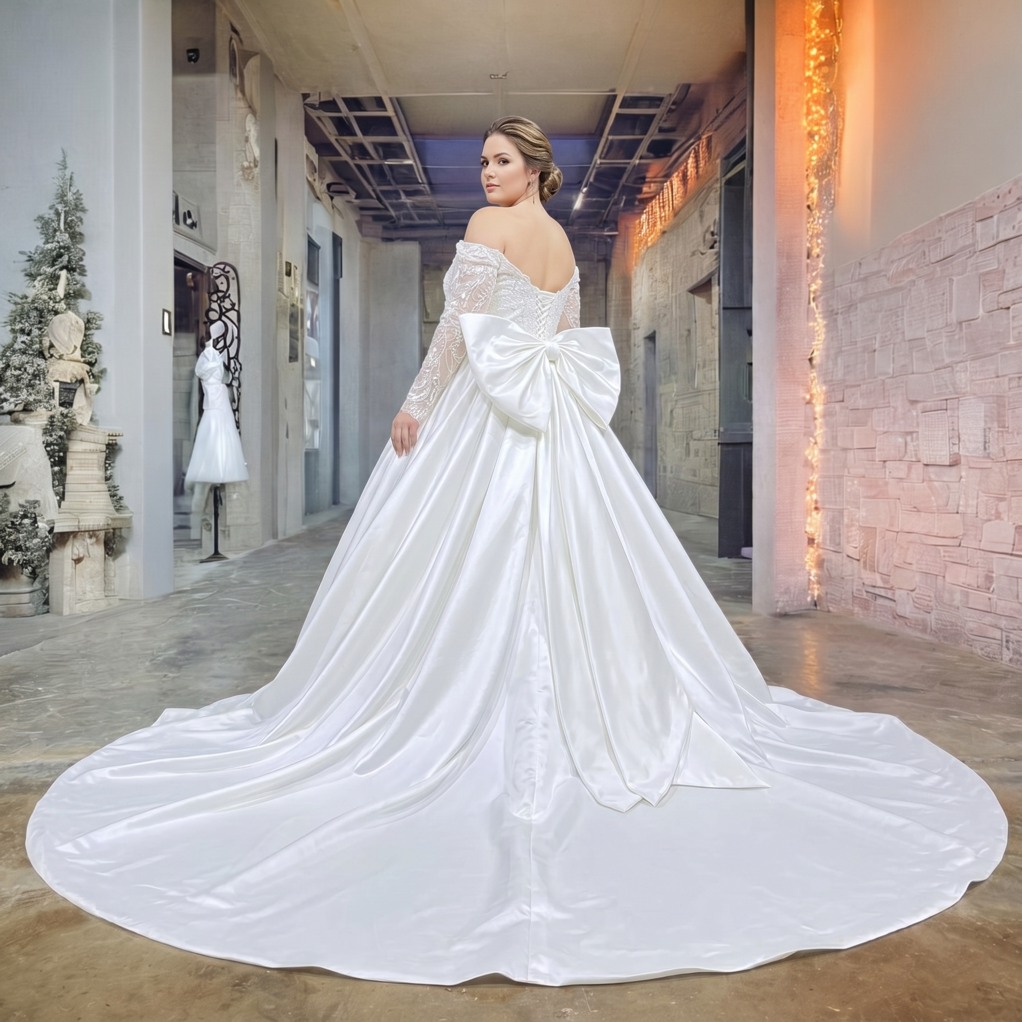Plus-size bridal model looking over her shoulder to show the stunning back view of a light effect satin wedding dress, highlighting the dramatic detachable big bow, lace back, and sweeping chapel train.