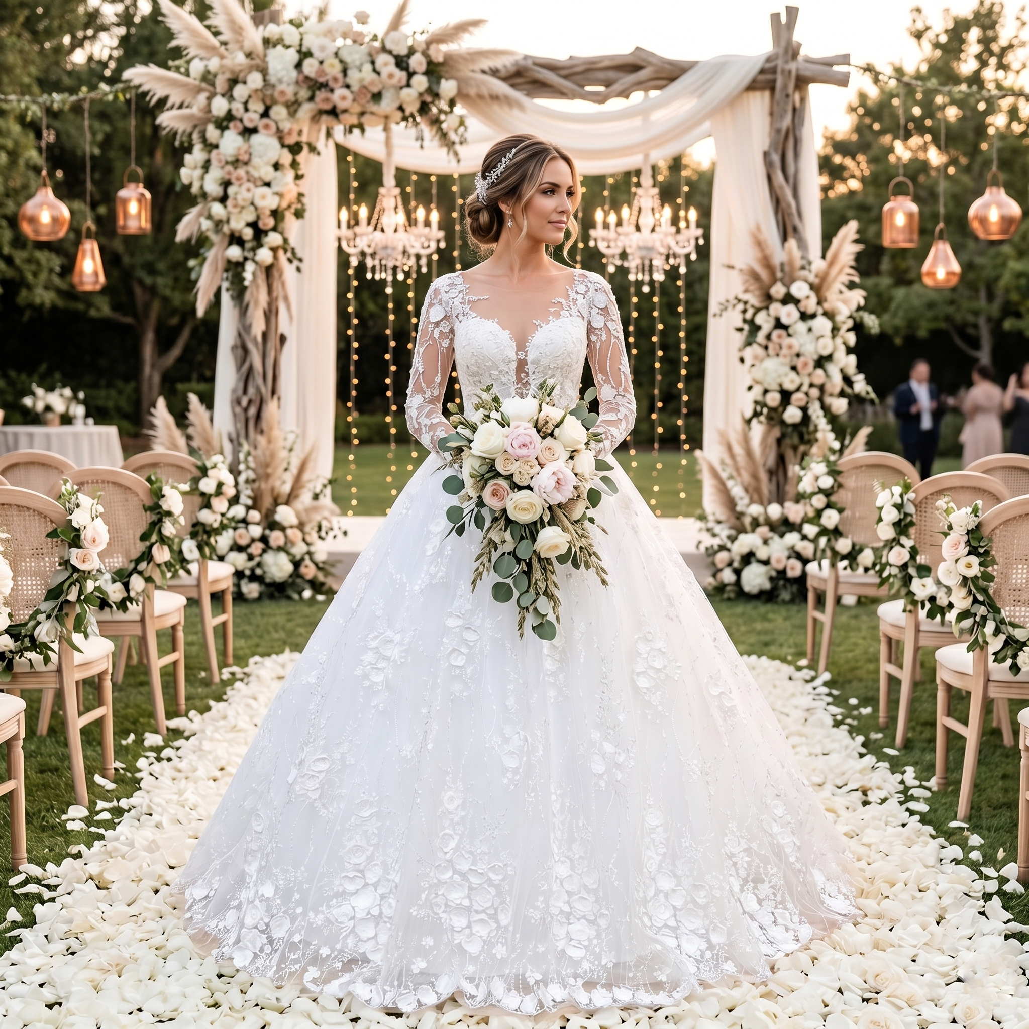 Bride wearing a long-sleeve floral lace ball gown wedding dress with intricate applique details at an outdoor garden ceremony.