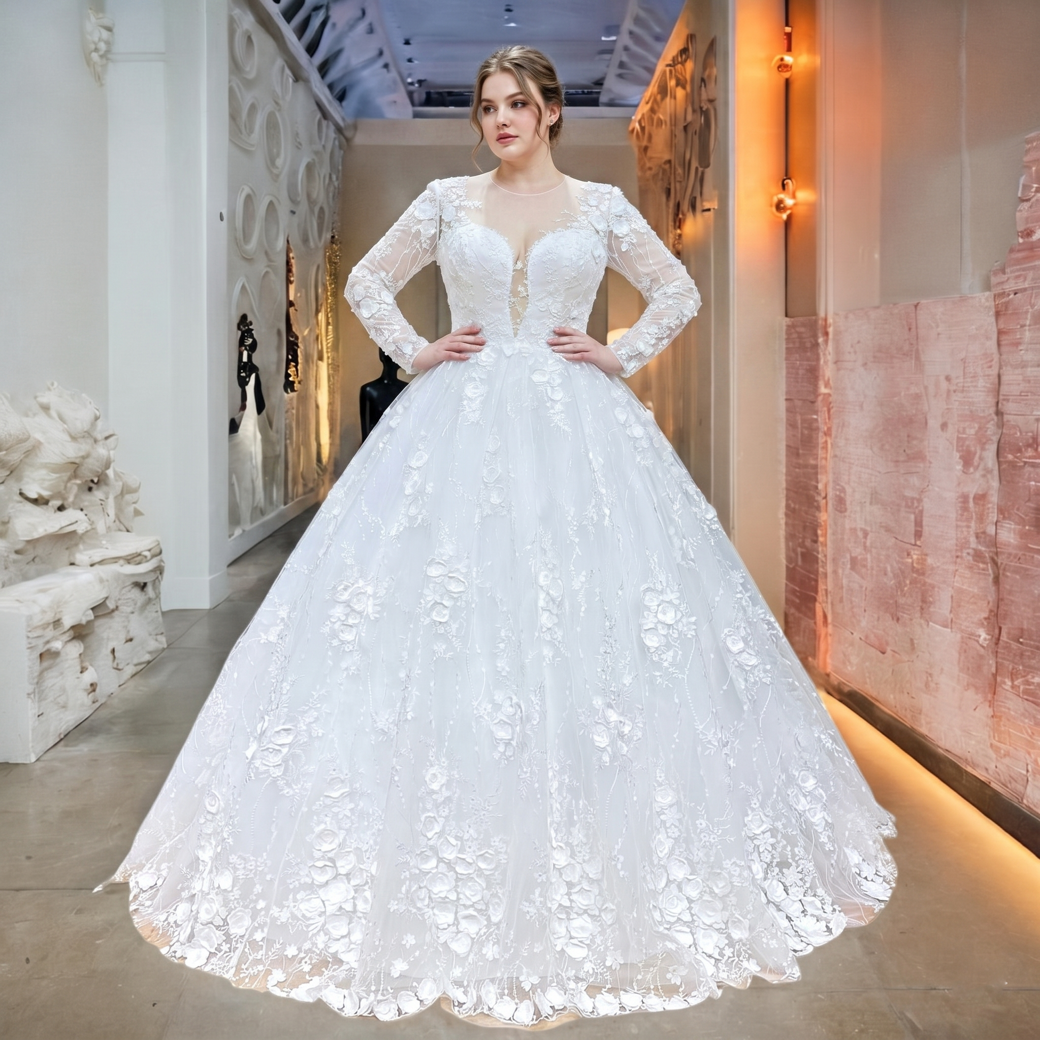 Model wearing an elegant long-sleeve floral lace ball gown wedding dress with a full skirt in a bridal showroom setting.