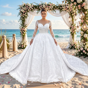 Smiling bride wearing a luxurious long sleeve ball gown wedding dress featuring a see-through illusion bodice with floral lace appliques, standing under a white rose archway.