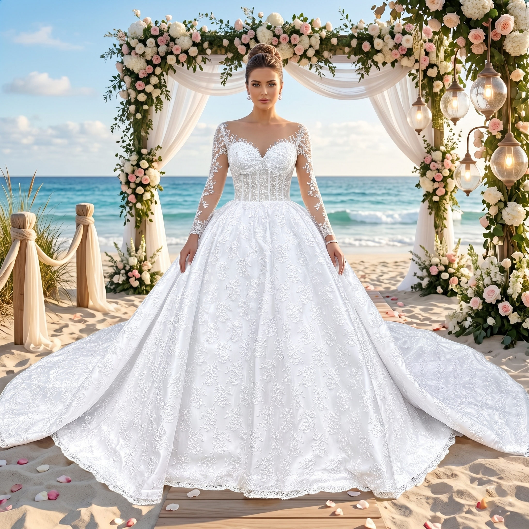 Smiling bride wearing a luxurious long sleeve ball gown wedding dress featuring a see-through illusion bodice with floral lace appliques, standing under a white rose archway.