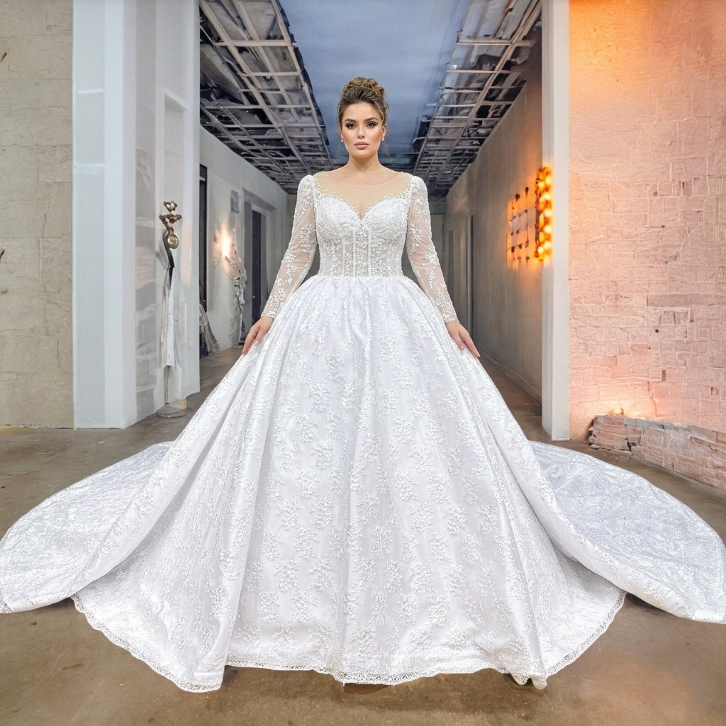 Full-length view of a plus-size bride modeling a white lace princess wedding gown with sheer long sleeves and an expansive tulle skirt featuring a sweeping chapel train.