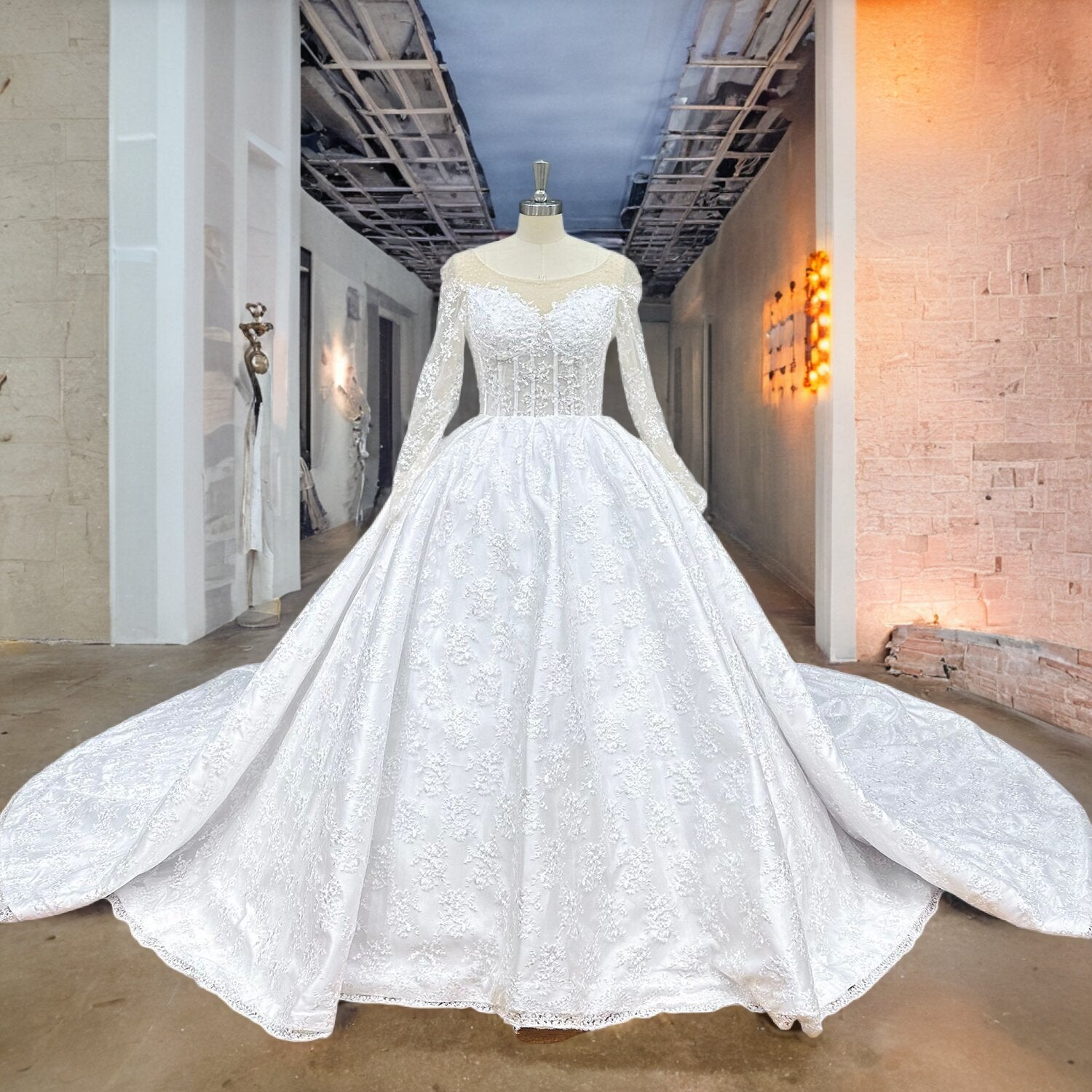 Front view of a white tulle and lace bridal ball gown on a mannequin, showcasing the illusion high neck over a sweetheart lining and scattered sequin details.