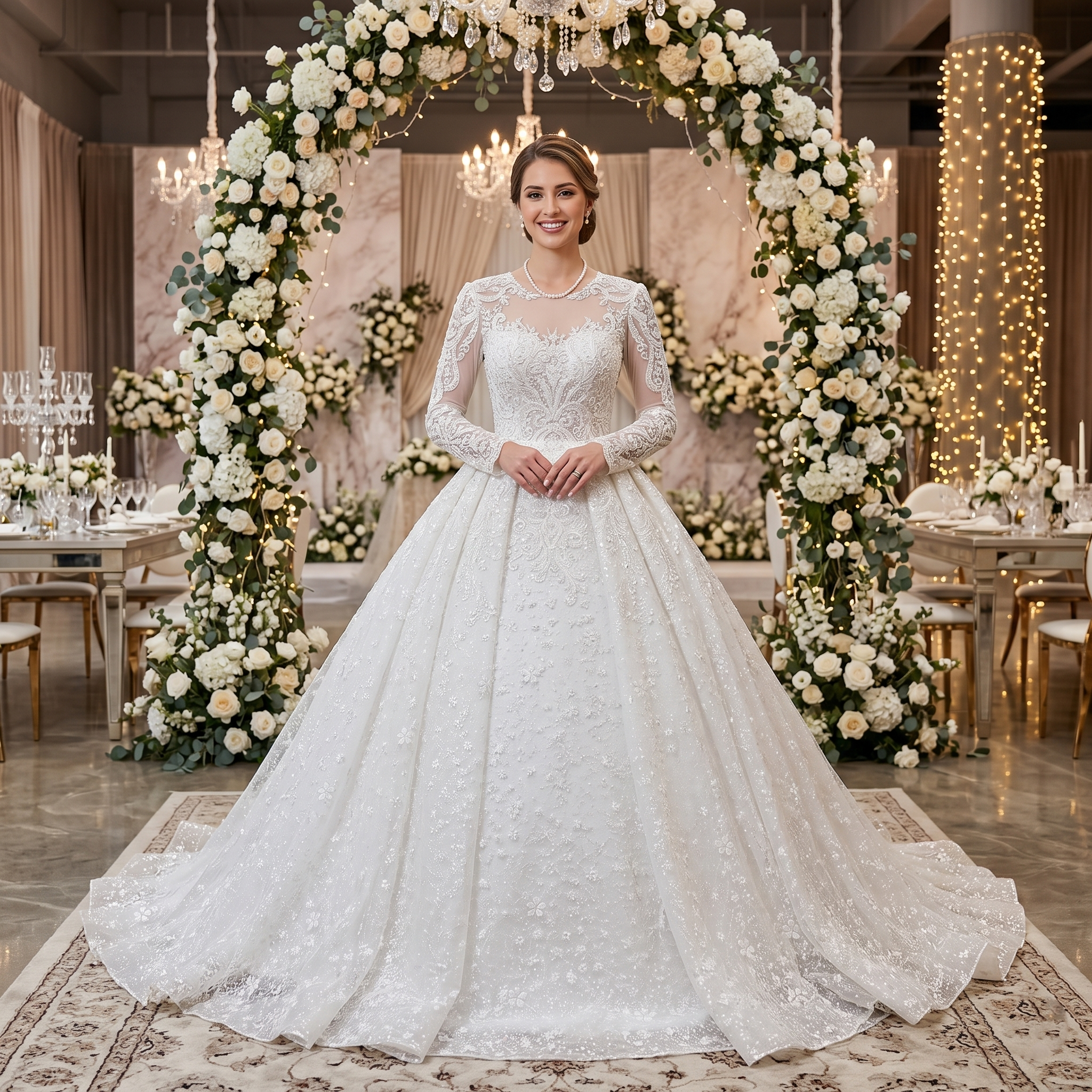 Smiling bride wearing a luxury long sleeve ball gown wedding dress with lace appliques, standing beneath a massive floral arch.