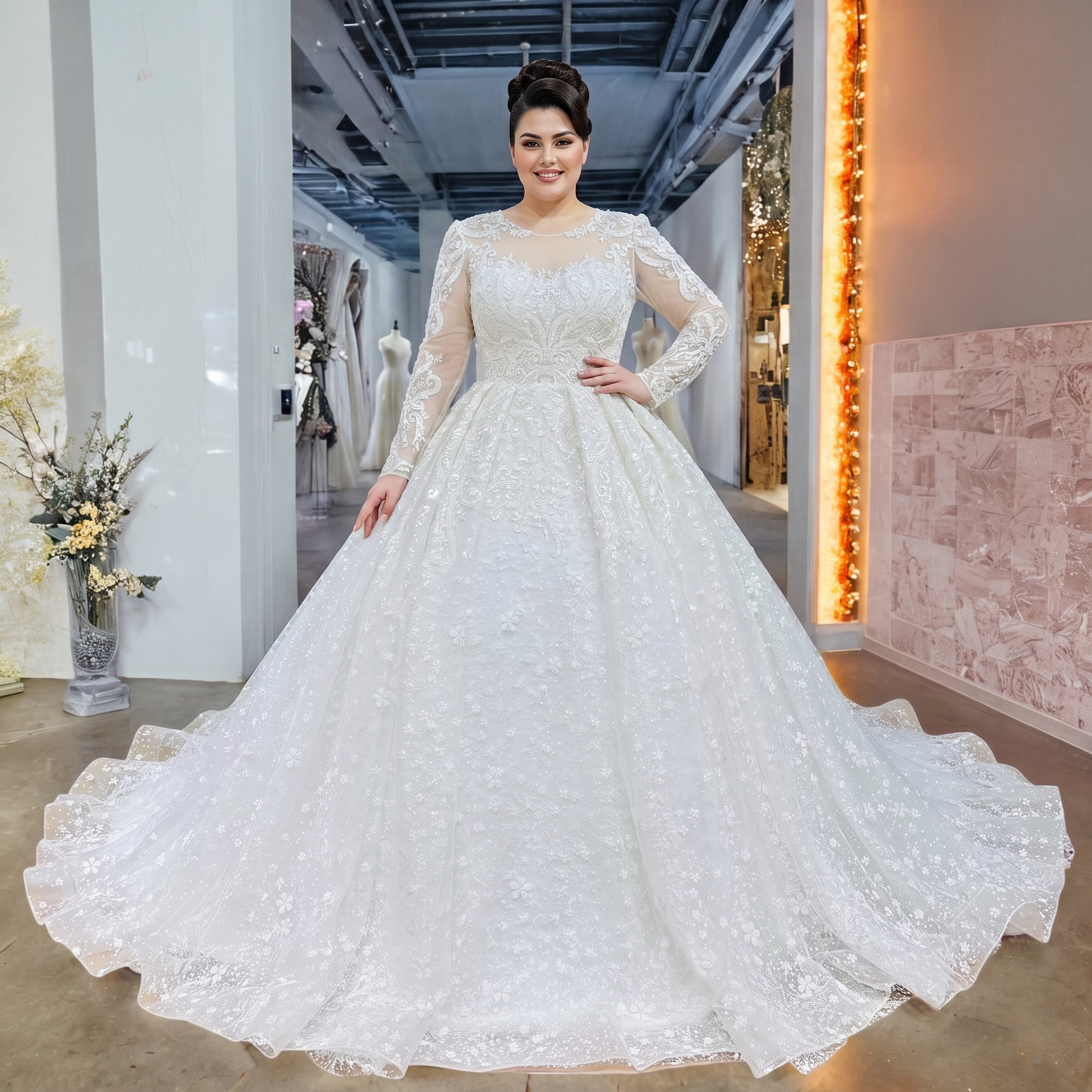 Plus-size model posing in a beaded long sleeve ball gown wedding dress with a voluminous sparkly skirt in a bridal boutique.