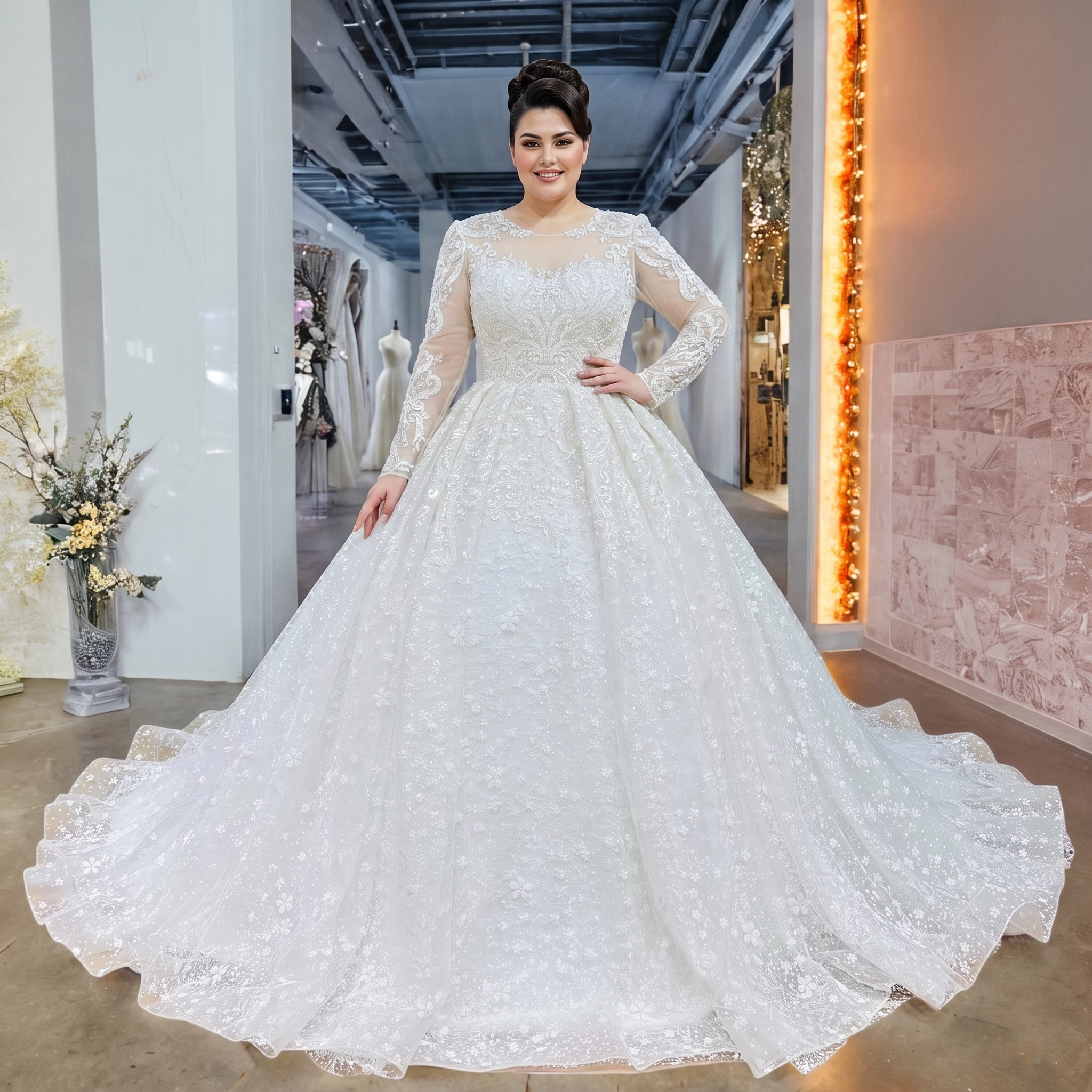 Plus-size model posing in a beaded long sleeve ball gown wedding dress with a voluminous sparkly skirt in a bridal boutique.