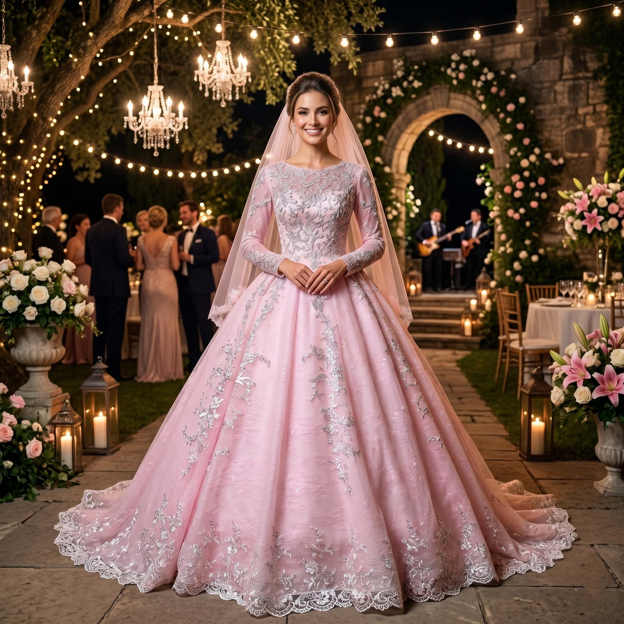 Smiling bride wearing a blush pink long-sleeve ball gown wedding dress with silver crystal appliques at an elegant evening outdoor reception.