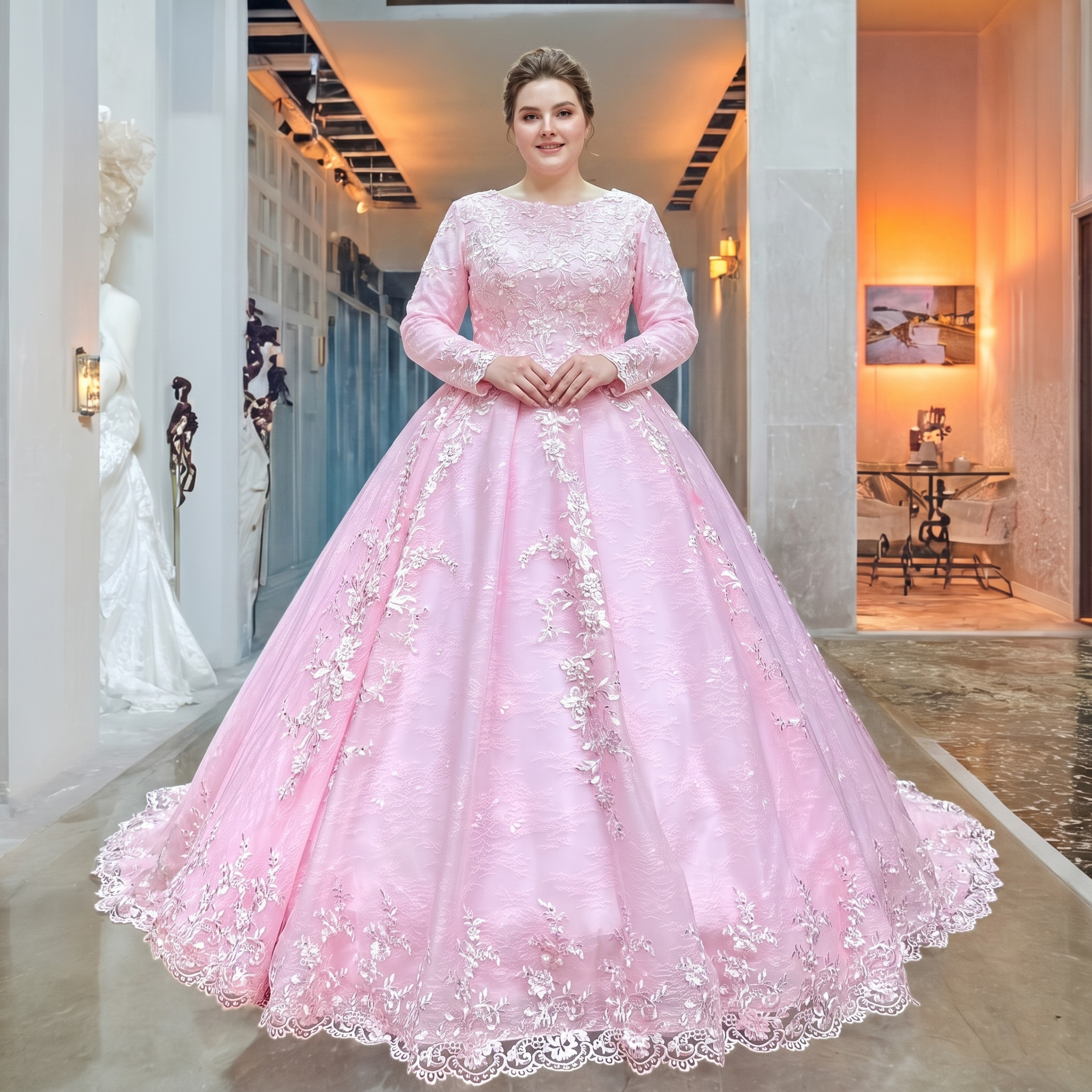 Plus-size bride showcasing a regal pink long-sleeve bridal gown with intricate lace embroidery and a sweeping scalloped hemline.