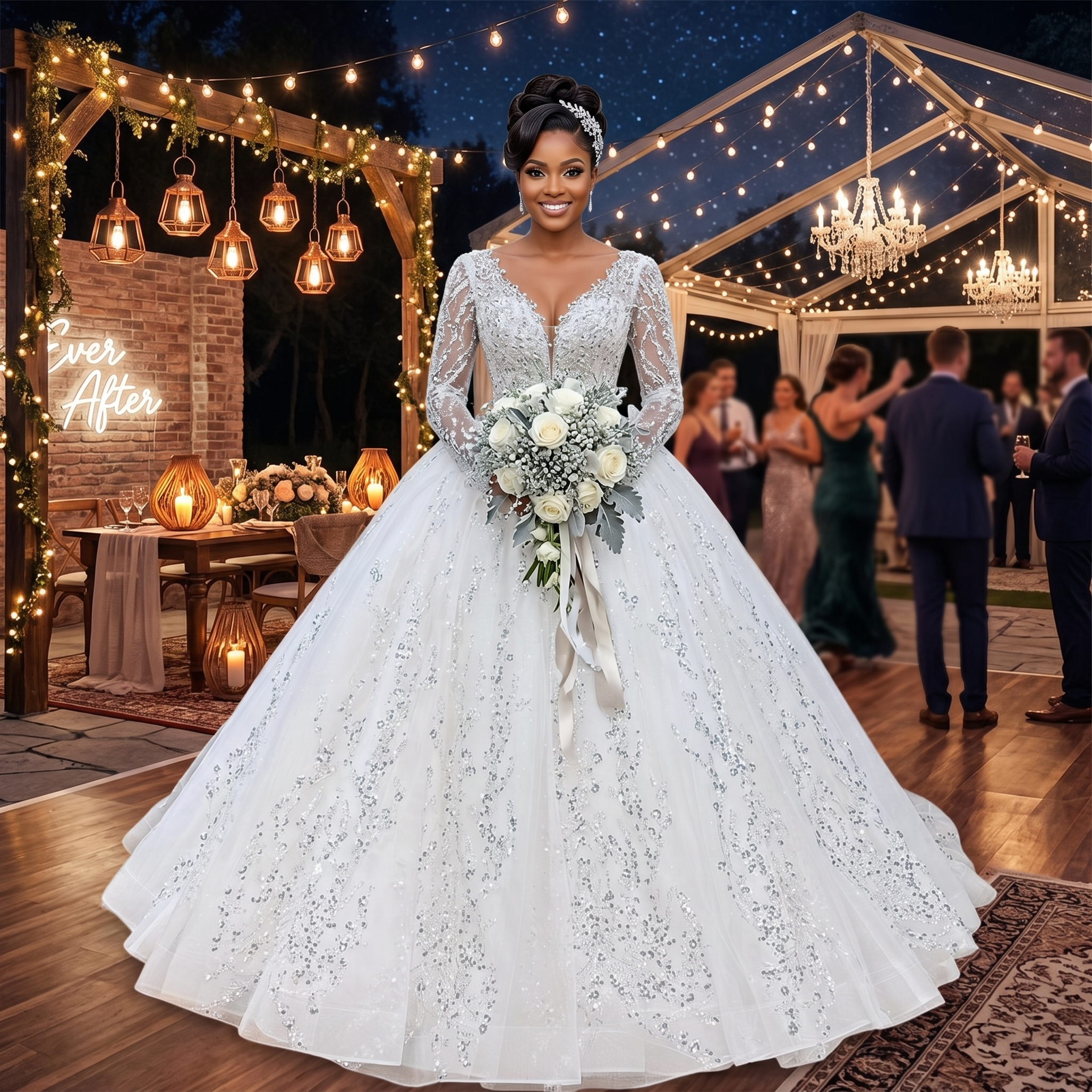 Bride posing in a long-sleeve sequin ball gown wedding dress at an elegant evening wedding reception.