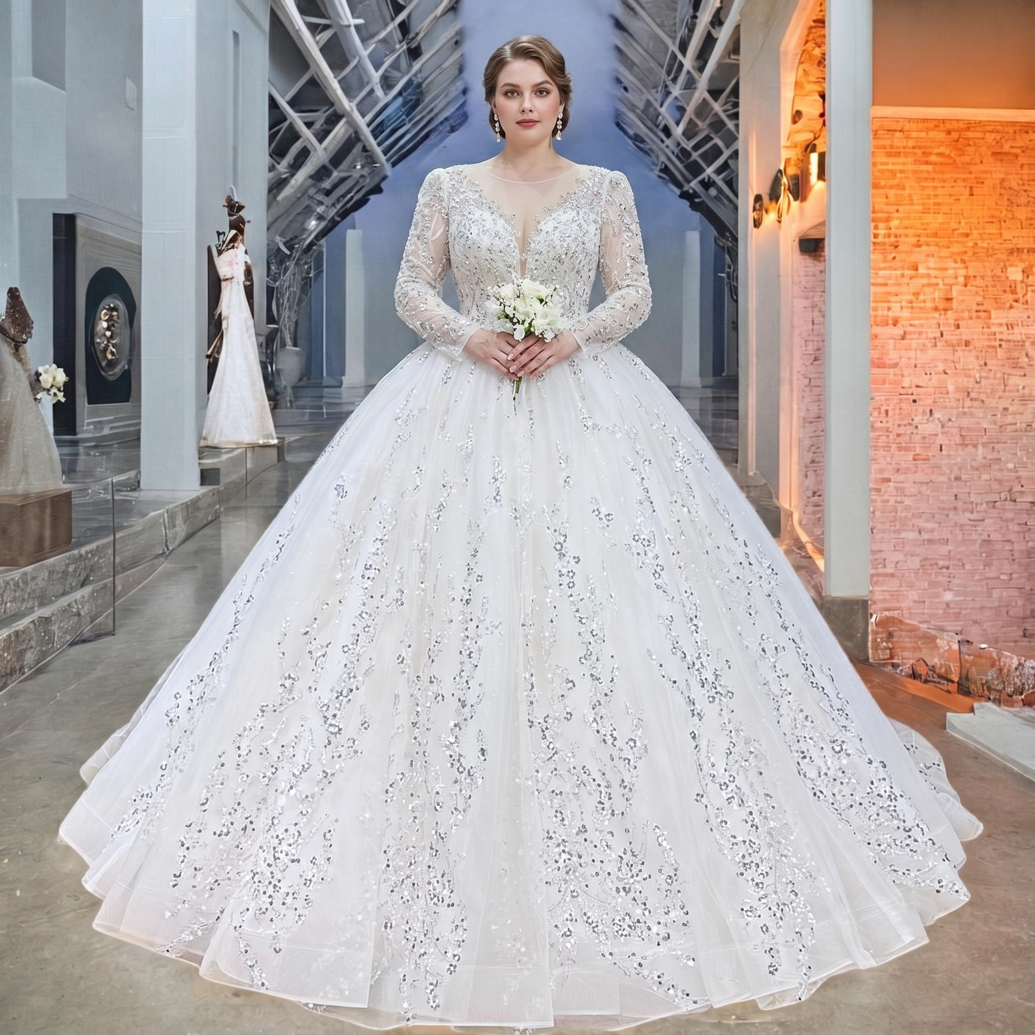 Model wearing an elegant long-sleeve A-line wedding dress with an O-neck illusion neckline and intricate sequin detailing in a boutique.