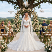 A stunning bride standing at an outdoor wedding ceremony under a large tree, wearing a long sleeve full lace mermaid wedding dress with an elegant fit and flattering silhouette.